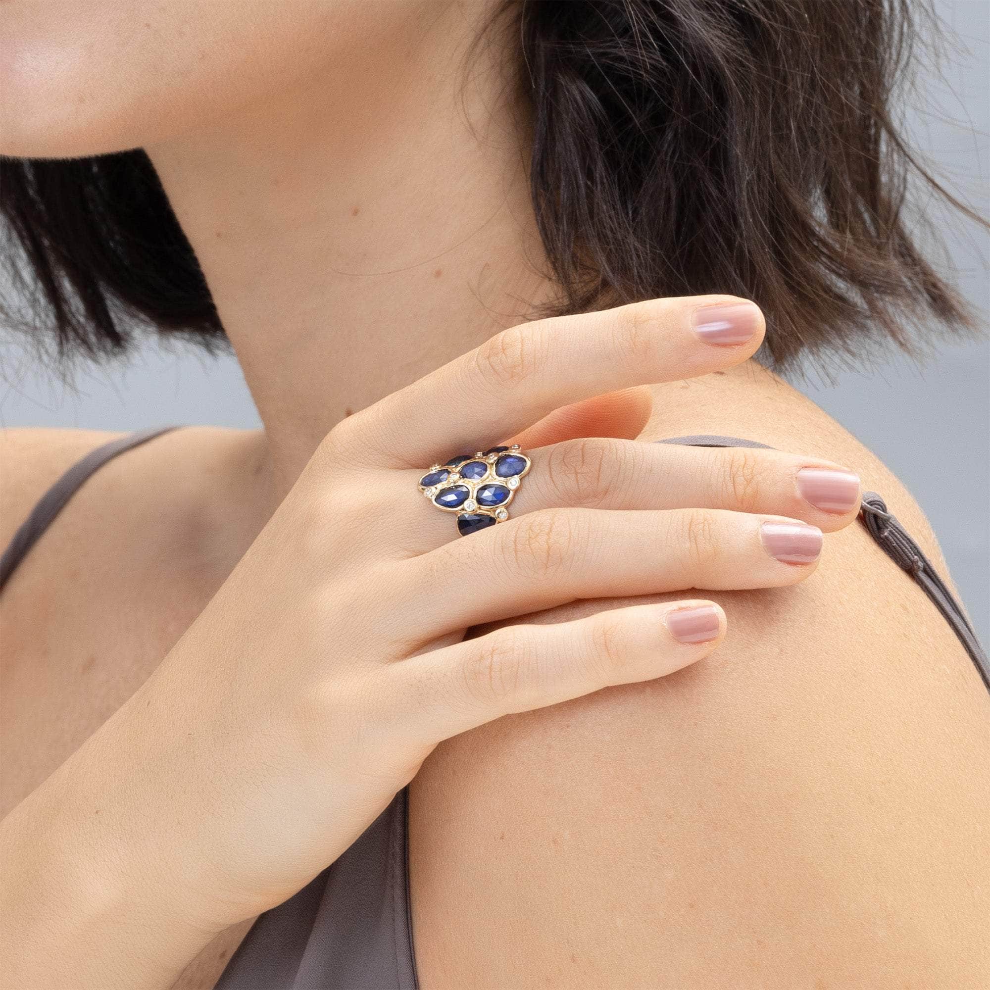 Lugge Stained Glass 14K Gold Ring with Blue Sapphire and Diamonds