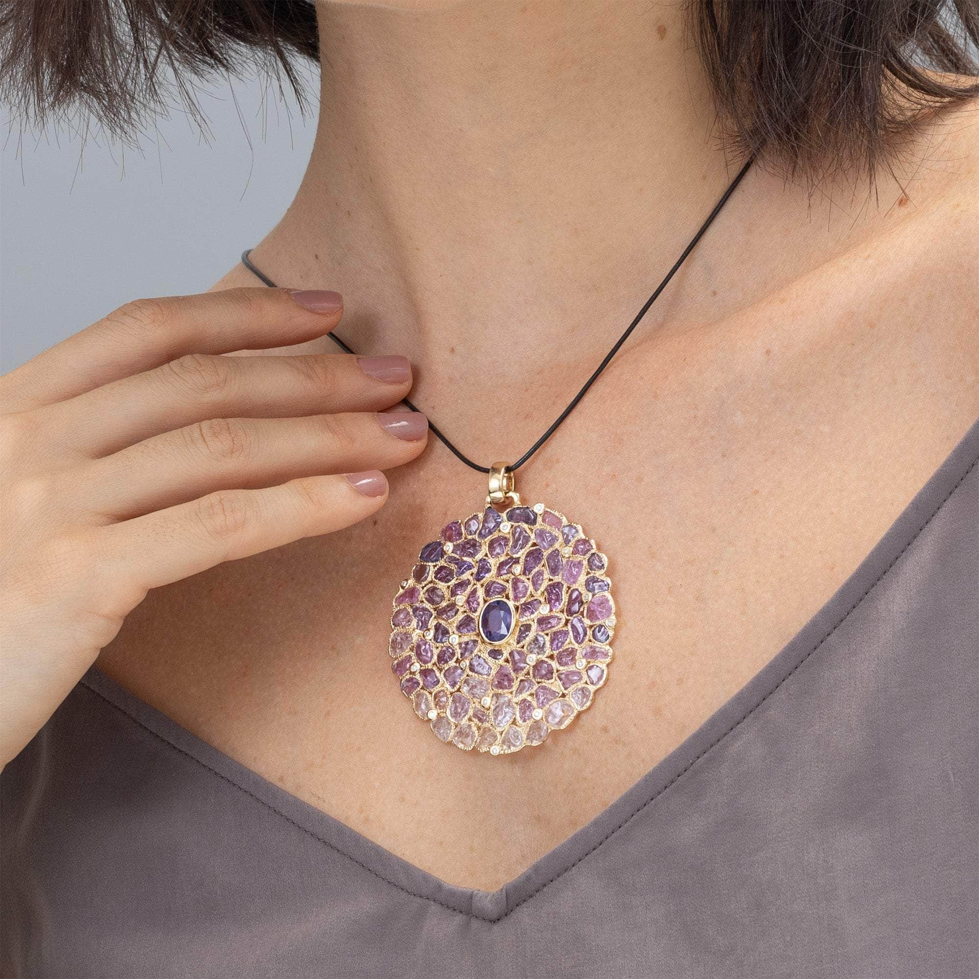 Verano 14K Gold Round Pendant with Oval-Cut Amethyst Raw Sapphire & Diamond