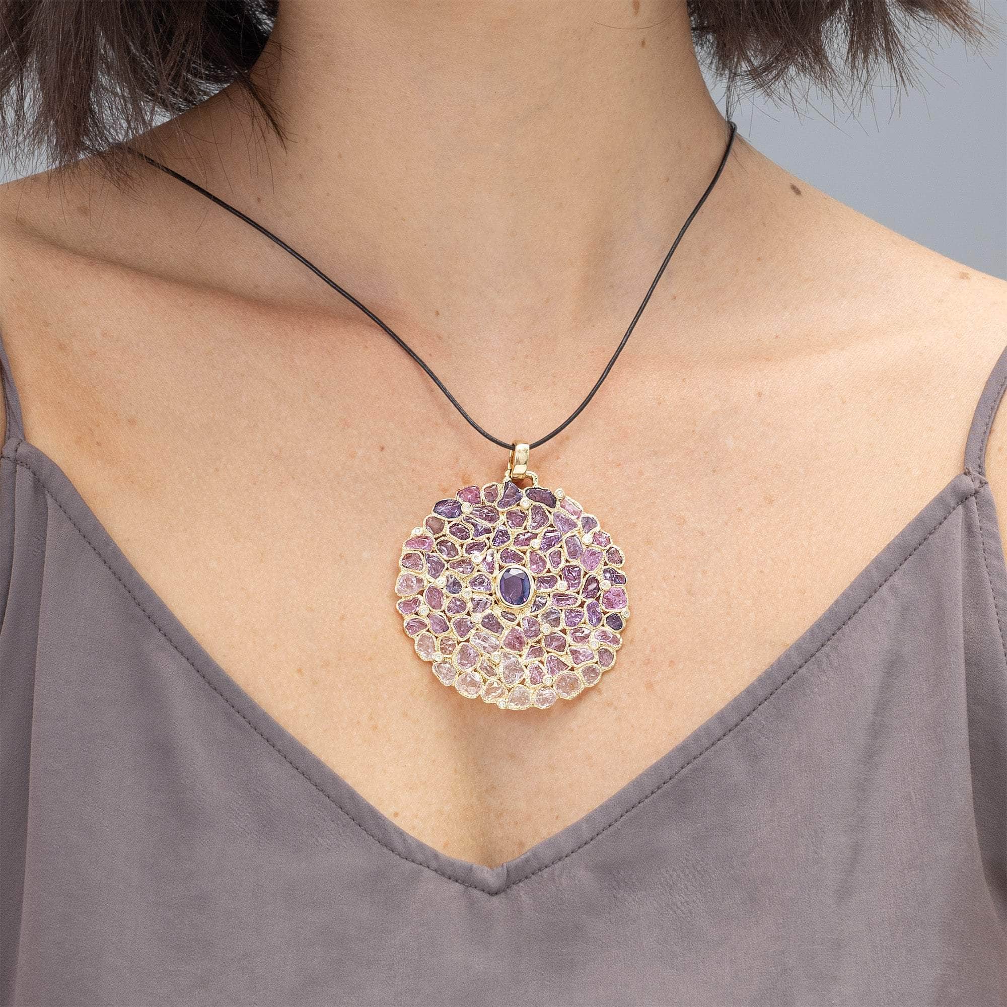 Verano 14K Gold Round Pendant with Oval-Cut Amethyst Raw Sapphire & Diamond