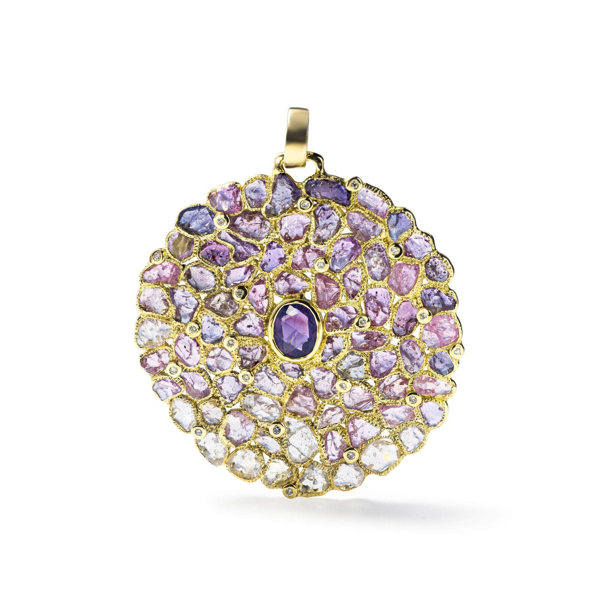 Verano 14K Gold Round Pendant with Oval-Cut Amethyst Raw Sapphire & Diamond