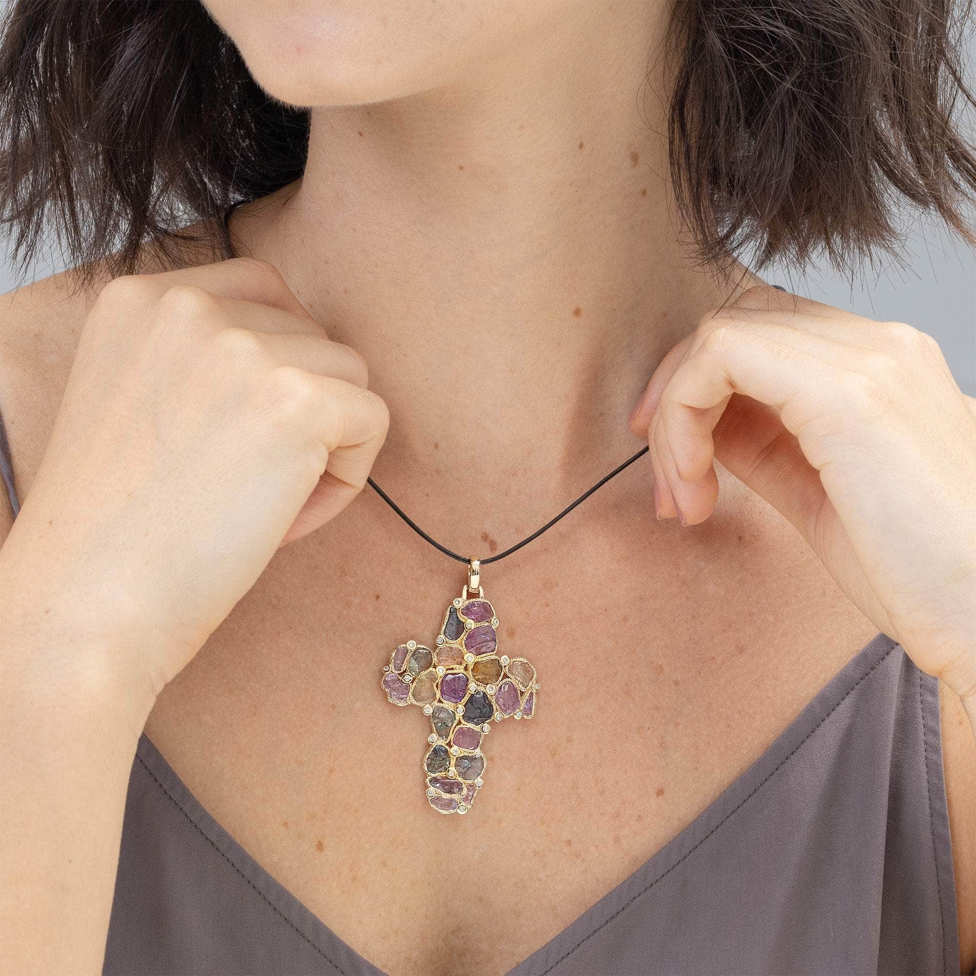 Vivace Raw Sapphire and Diamond 14K Gold Cross Pendant in Stained Glass Technique