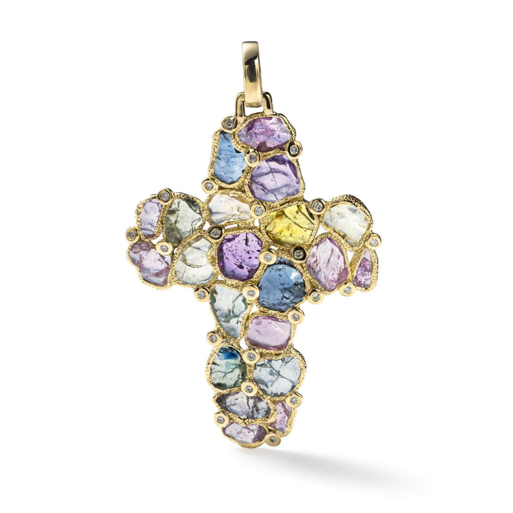 Vivace Raw Sapphire and Diamond 14K Gold Cross Pendant in Stained Glass Technique