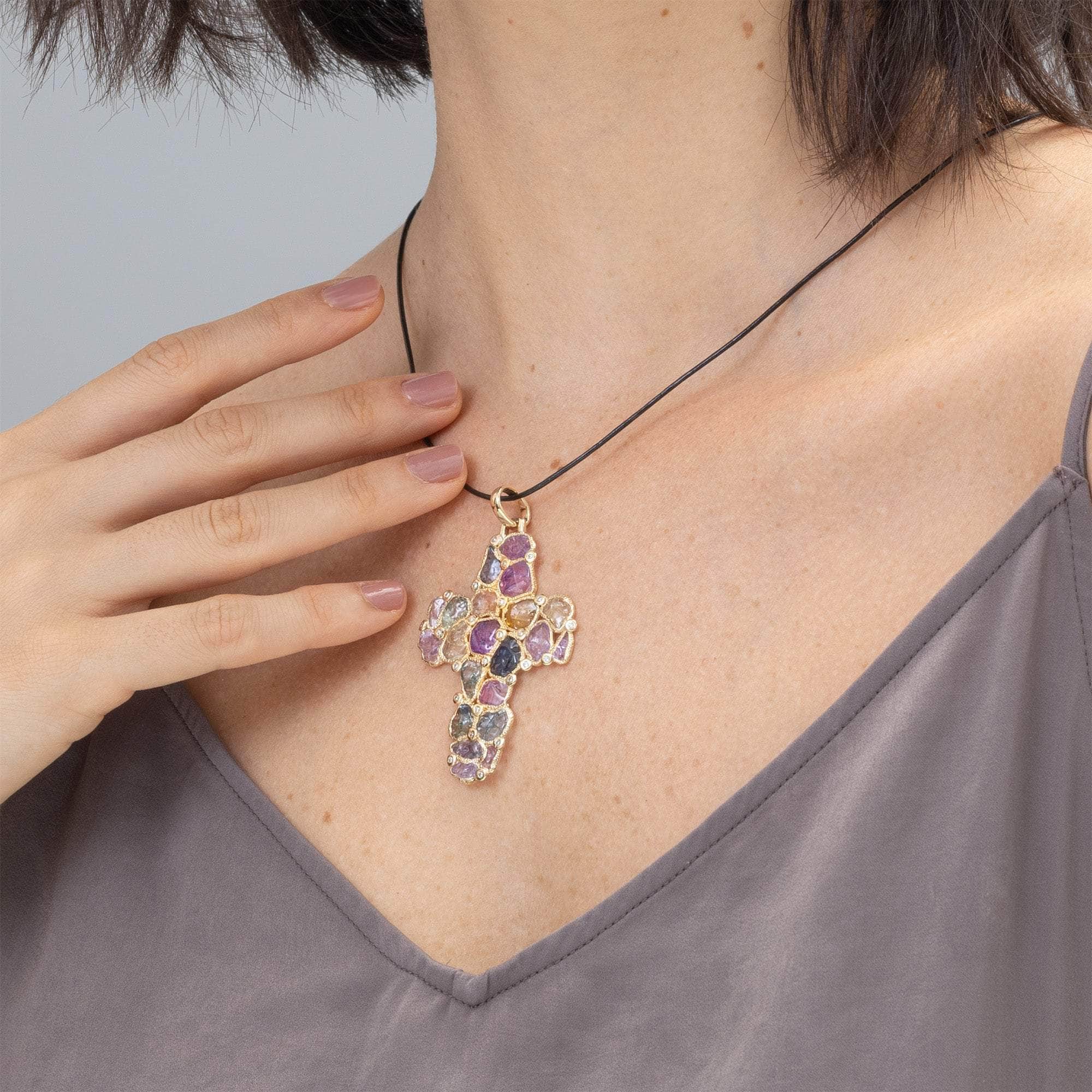 Vivace Raw Sapphire and Diamond 14K Gold Cross Pendant in Stained Glass Technique