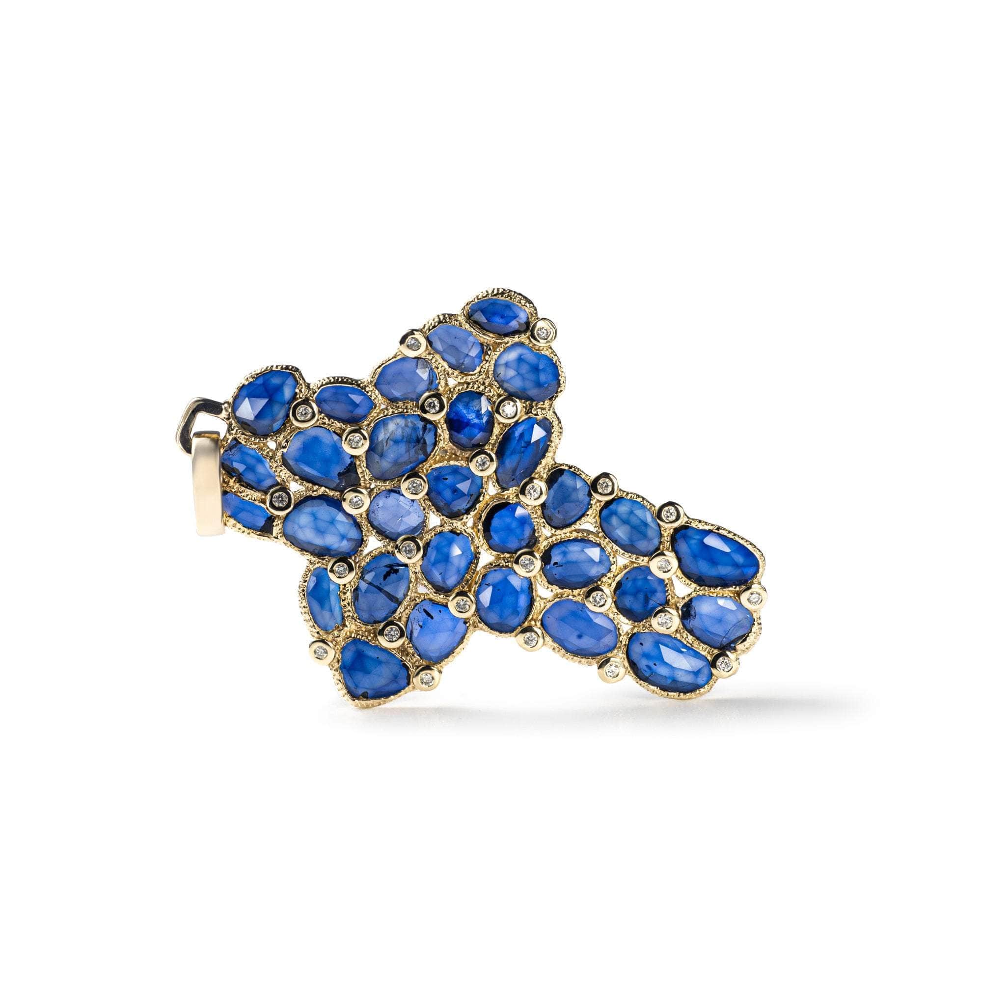 Asmani 14K Gold Cross Pendant with Sapphire and Diamonds Handcrafted as Stained Glass