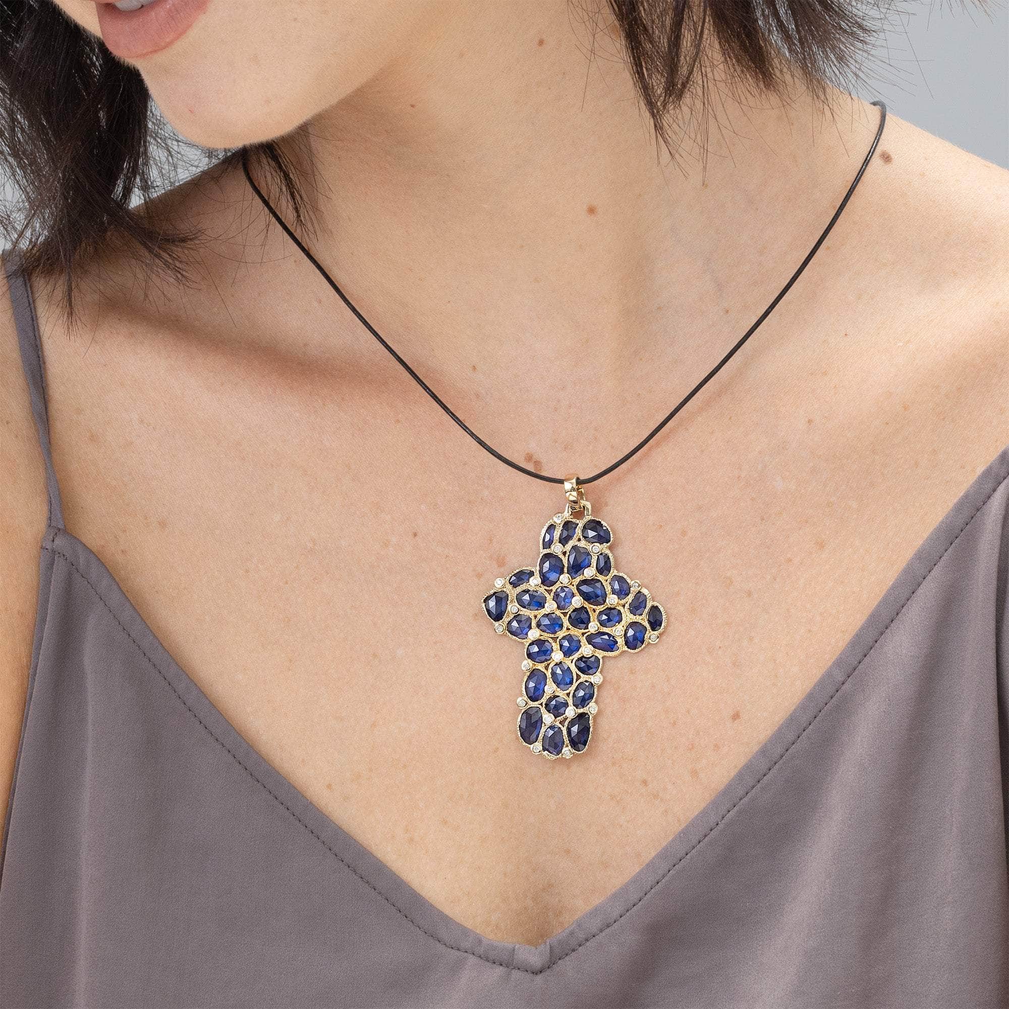 Asmani 14K Gold Cross Pendant with Sapphire and Diamonds Handcrafted as Stained Glass