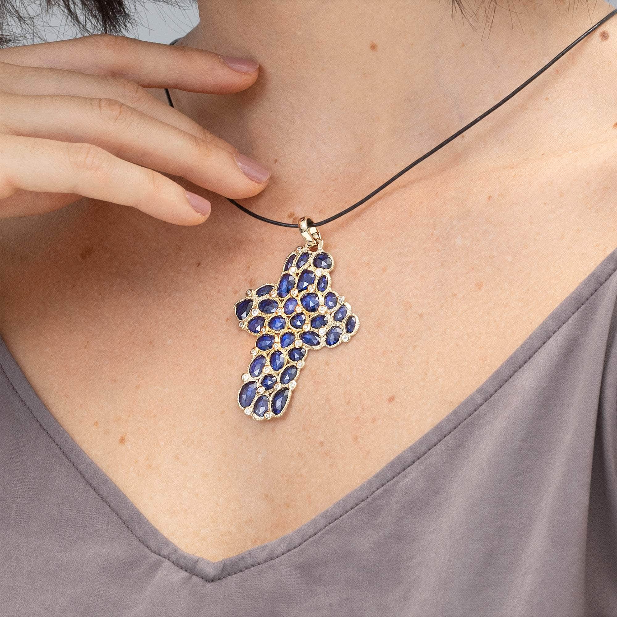 Asmani 14K Gold Cross Pendant with Sapphire and Diamonds Handcrafted as Stained Glass