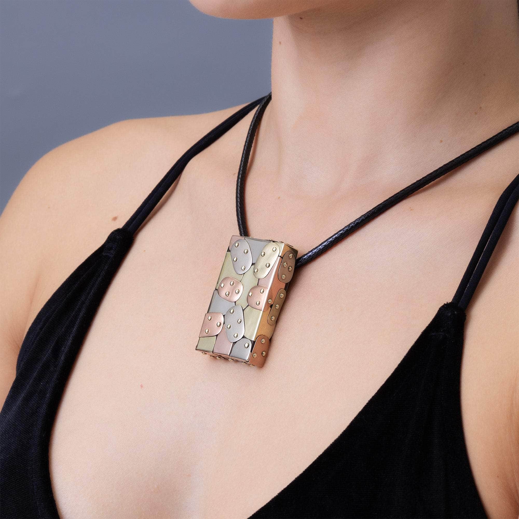 Tessera Unisex Rosewood Pendant Wrapped in 3-Tone 14K Gold Patches