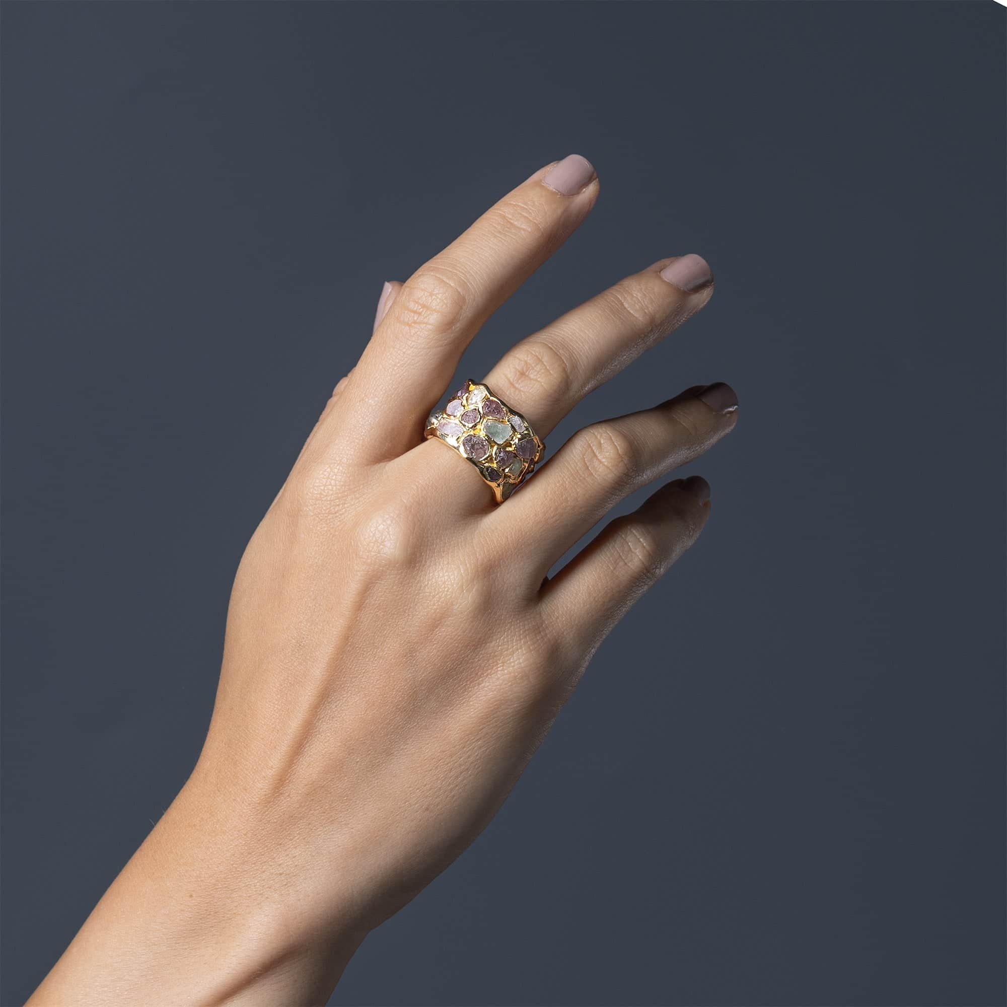 Elara Limited Edition Barrel Ring with Raw Fancy Sapphires in 14K Gold Plated Sterling Silver