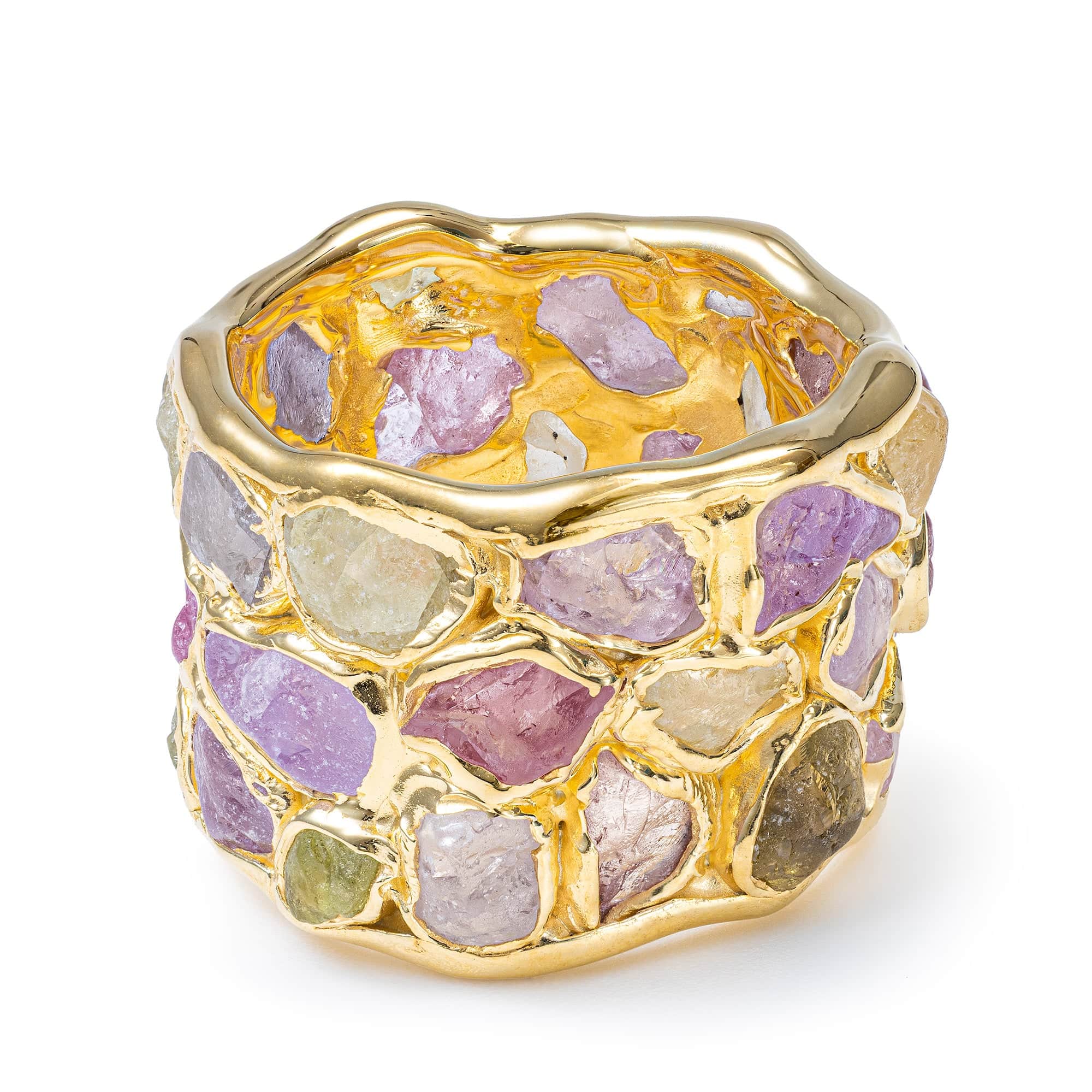 Elara Limited Edition Barrel Ring with Raw Fancy Sapphires in 14K Gold Plated Sterling Silver