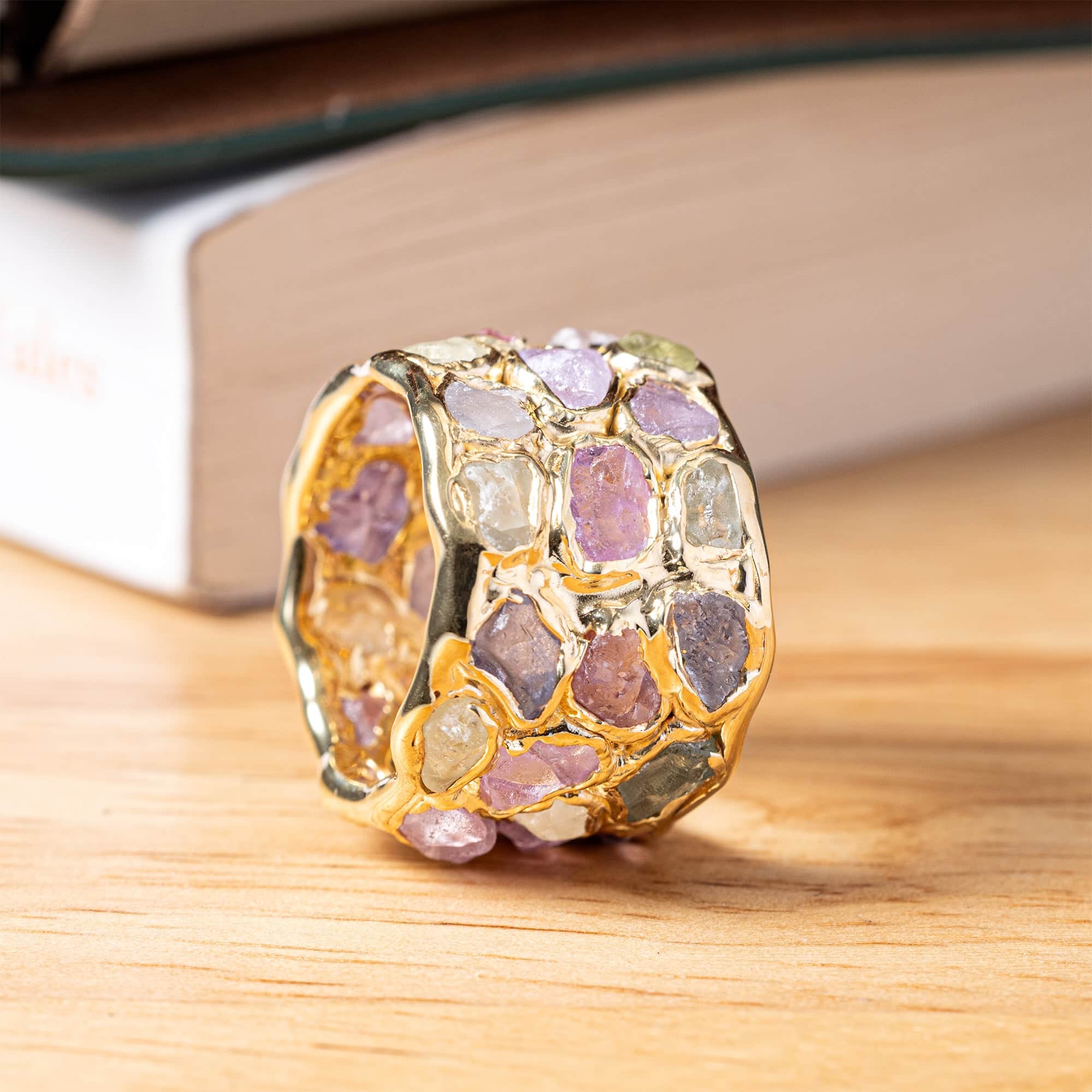 Elara Limited Edition Barrel Ring with Raw Fancy Sapphires in 14K Gold Plated Sterling Silver