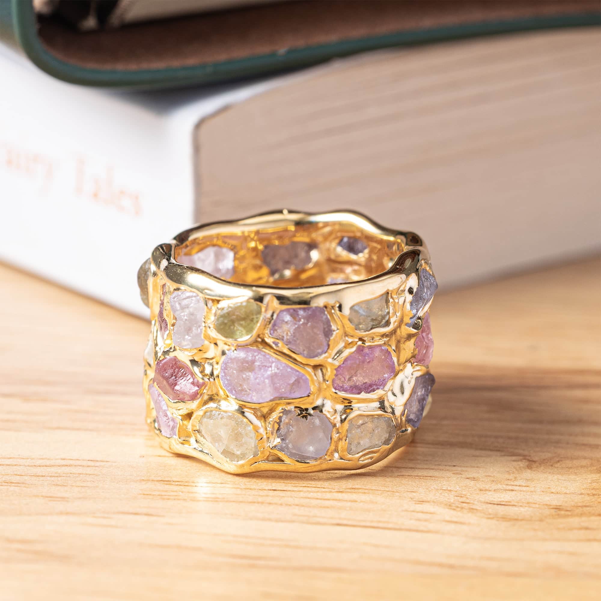 Elara Limited Edition Barrel Ring with Raw Fancy Sapphires in 14K Gold Plated Sterling Silver