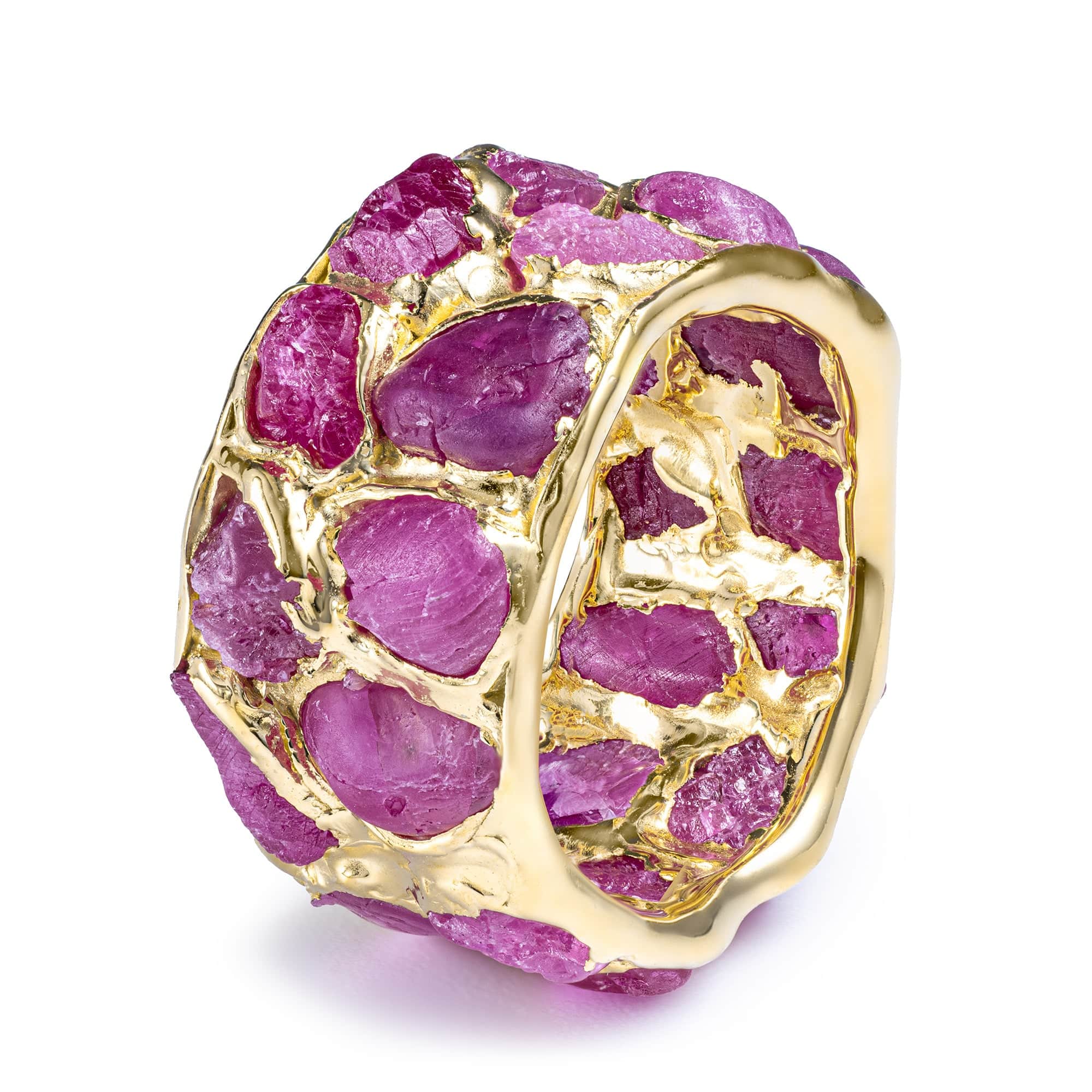 Enyo Handcrafted Barrel Ring with Rough Pink Sapphire in 14K Gold Plated Silver