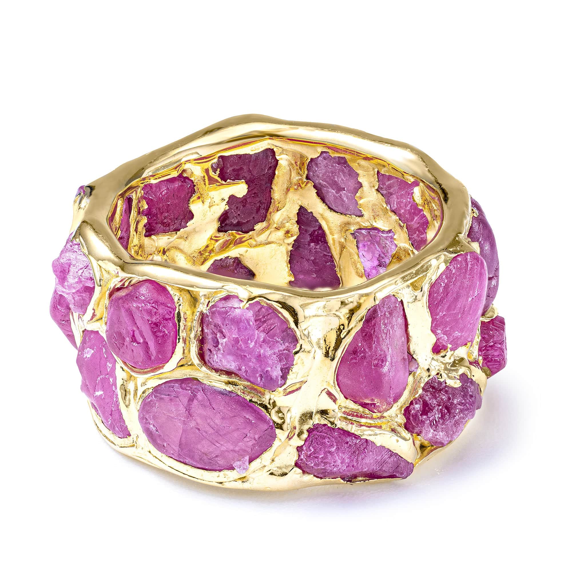 Enyo Handcrafted Barrel Ring with Rough Pink Sapphire in 14K Gold Plated Silver
