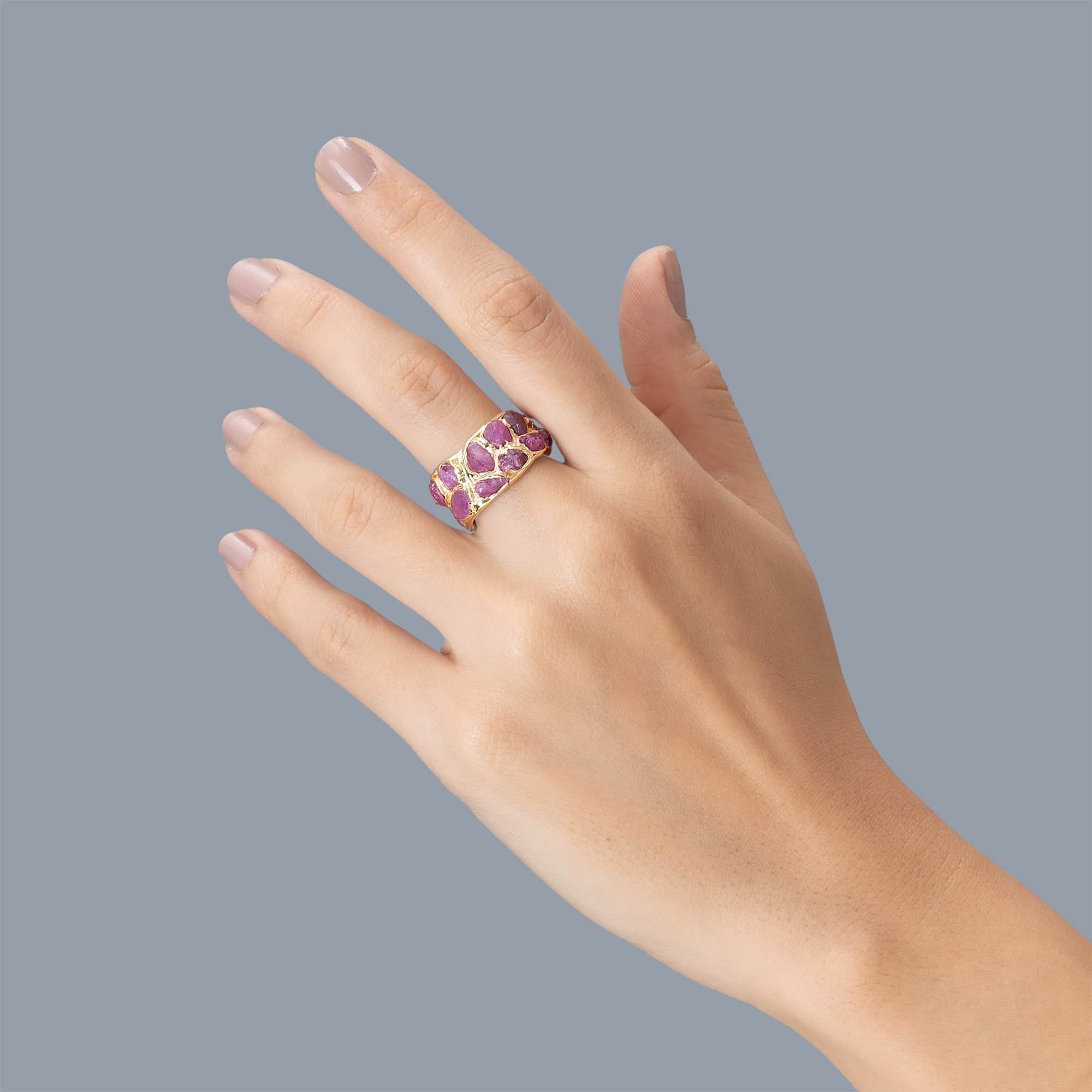 Enyo Handcrafted Barrel Ring with Rough Pink Sapphire in 14K Gold Plated Silver
