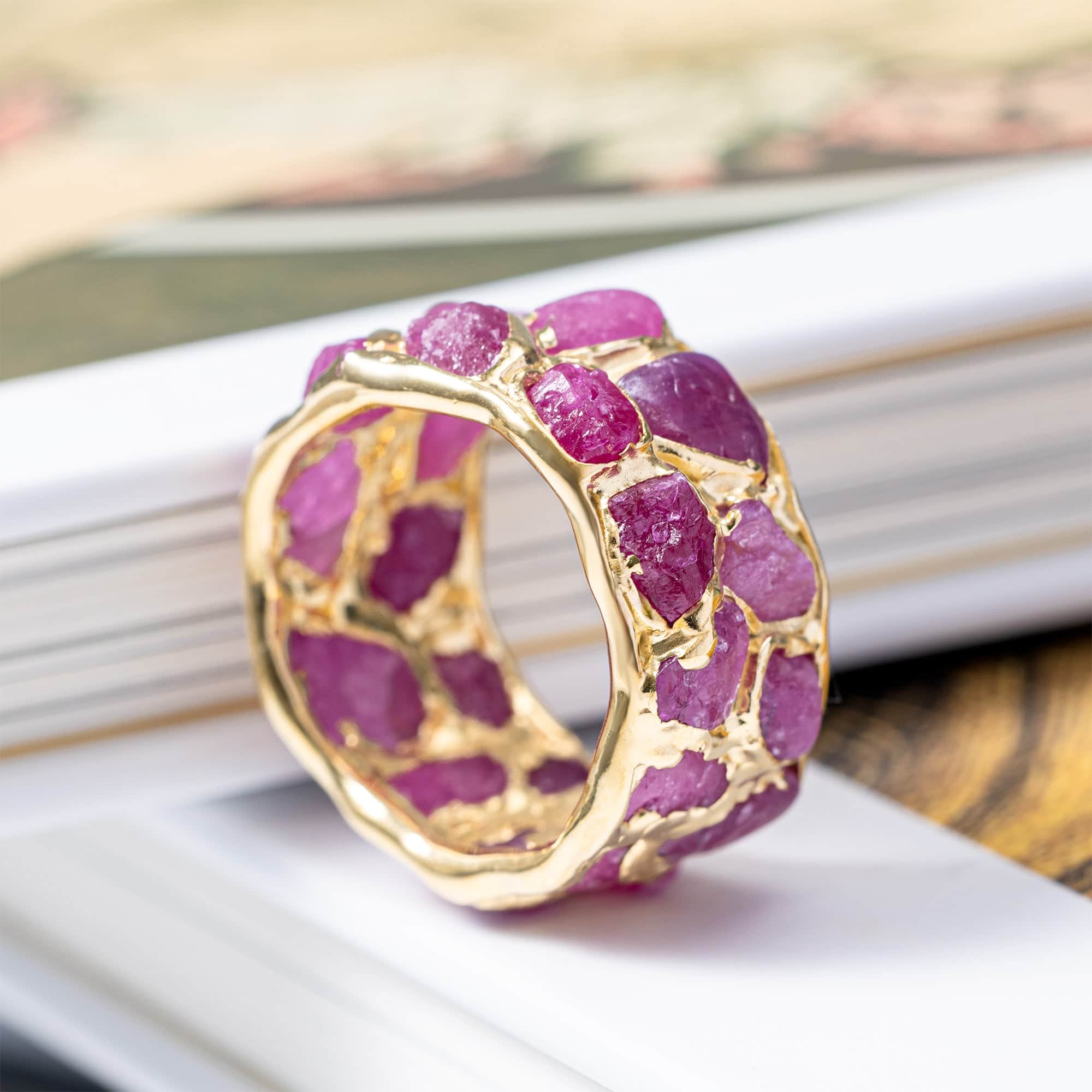 Enyo Handcrafted Barrel Ring with Rough Pink Sapphire in 14K Gold Plated Silver