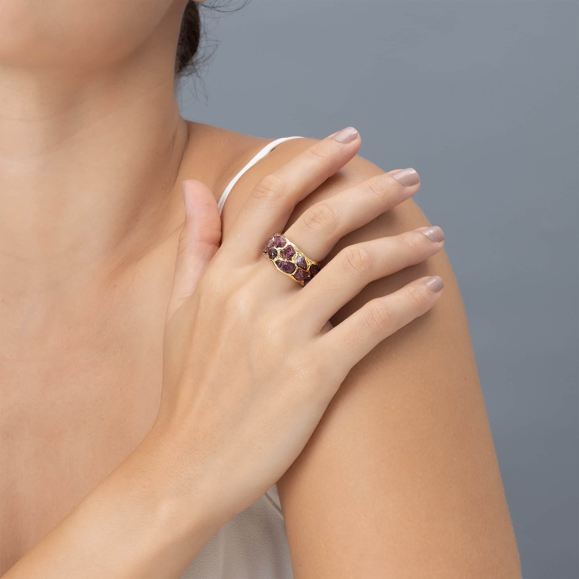 Enyo Handcrafted Barrel Ring with Rough Pyrope Garnet in 14K Gold Plated Silver