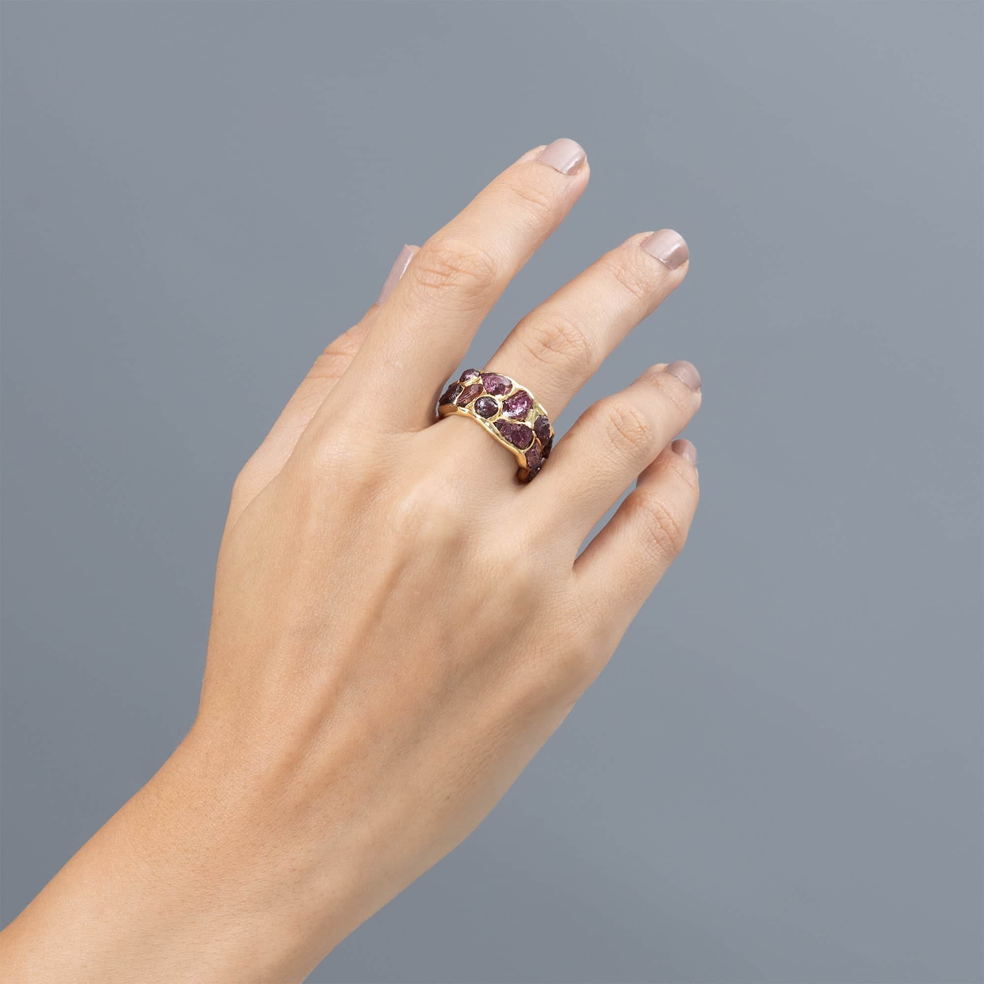 Enyo Handcrafted Barrel Ring with Rough Pyrope Garnet in 14K Gold Plated Silver