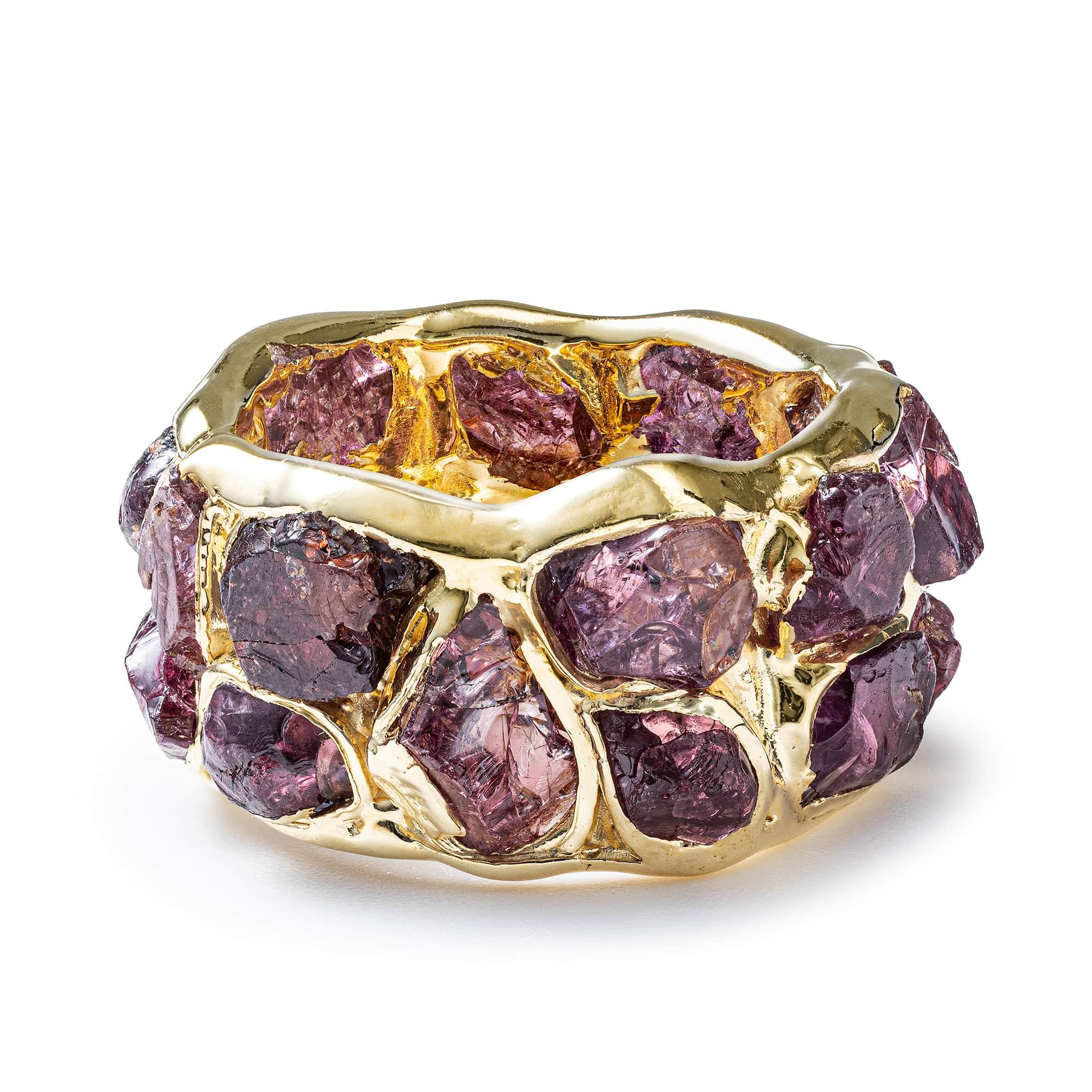 Enyo Handcrafted Barrel Ring with Rough Pyrope Garnet in 14K Gold Plated Silver