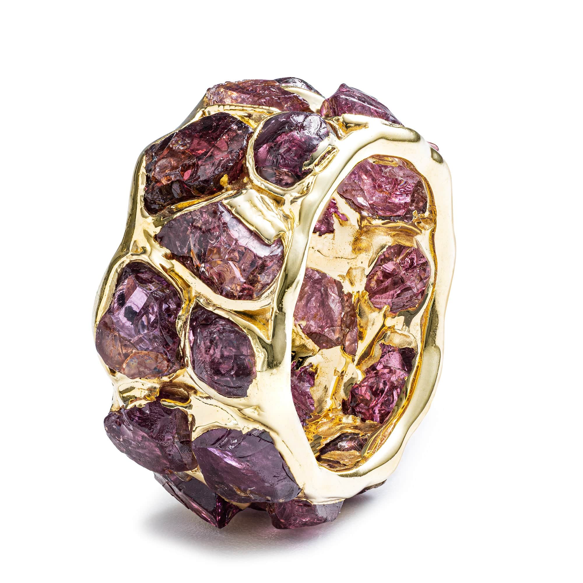 Enyo Handcrafted Barrel Ring with Rough Pyrope Garnet in 14K Gold Plated Silver