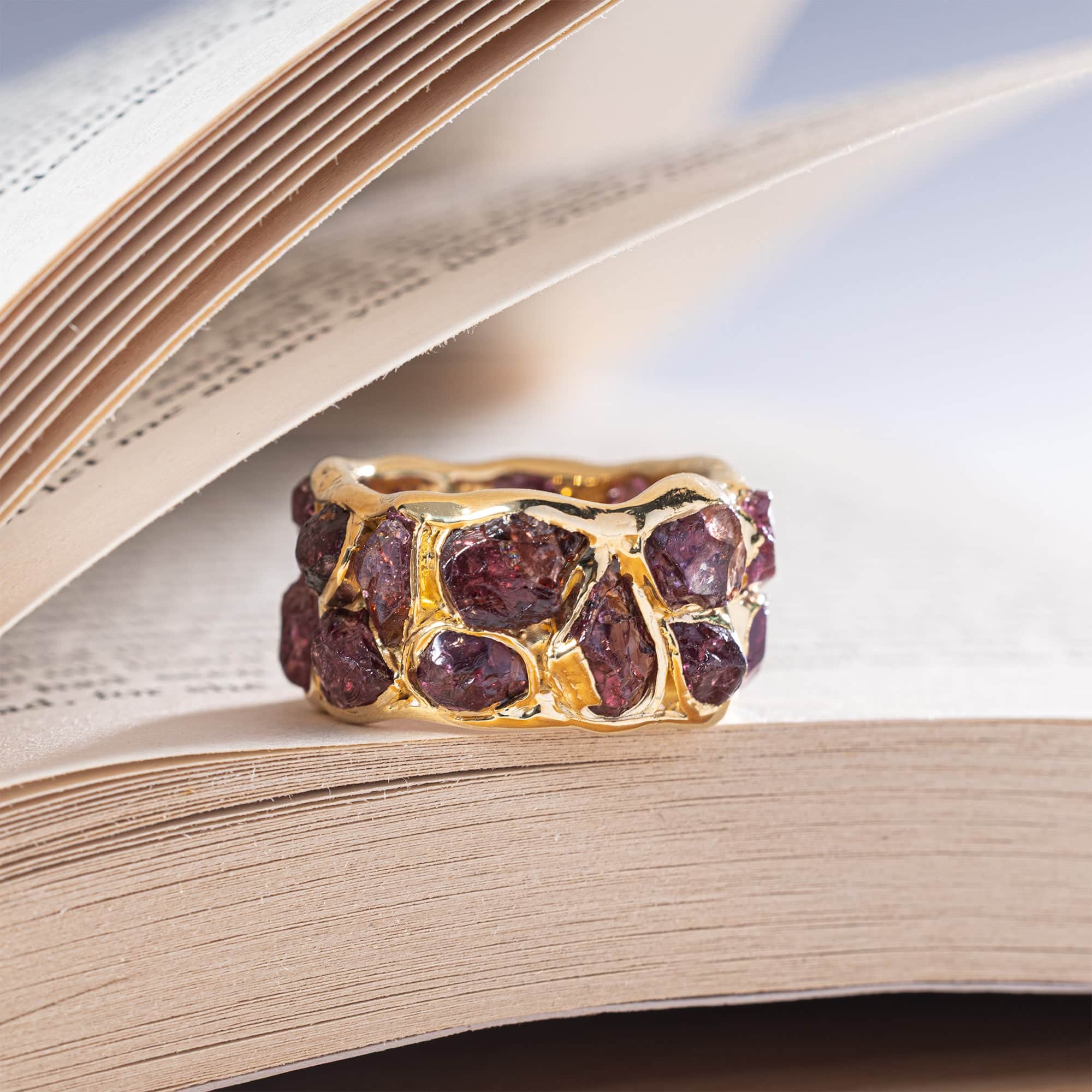 Enyo Handcrafted Barrel Ring with Rough Pyrope Garnet in 14K Gold Plated Silver