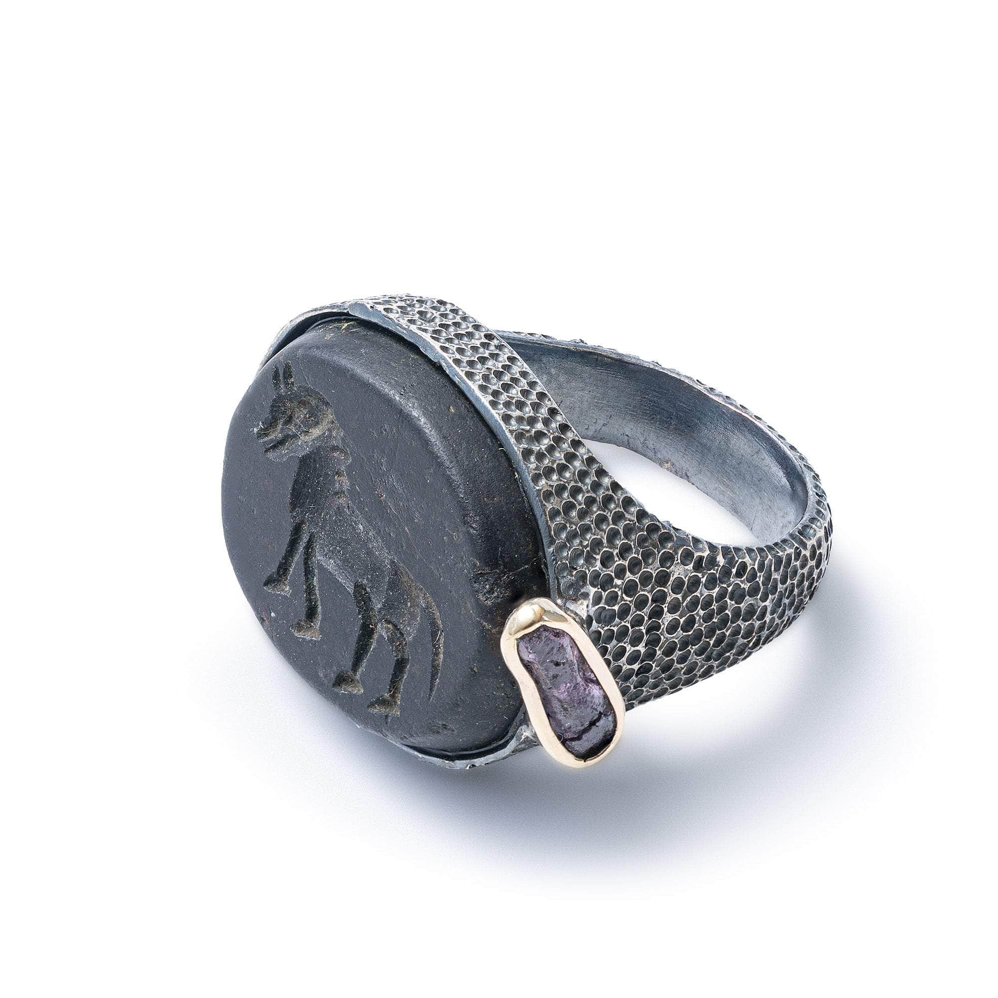 Asp 925 Silver Signet Ring with Genuine Mesopotamian Hematite Horse Seal & Raw Spinel in 9K Gold