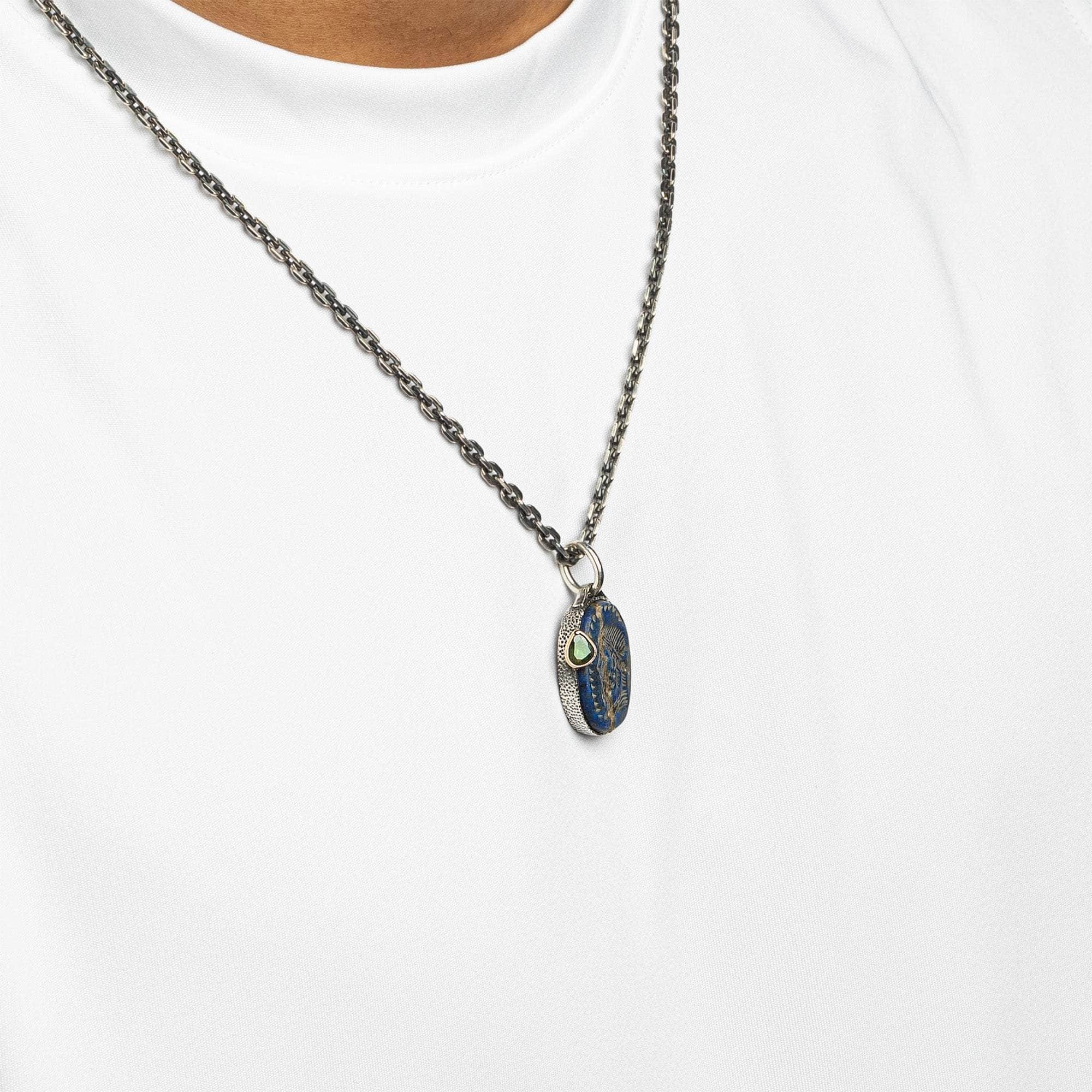 Sophistes Pendant with Authentic Hellenistic Lapis Lazuli Seal in Oxidized 925 Silver & Green Sapphire in 9K Gold