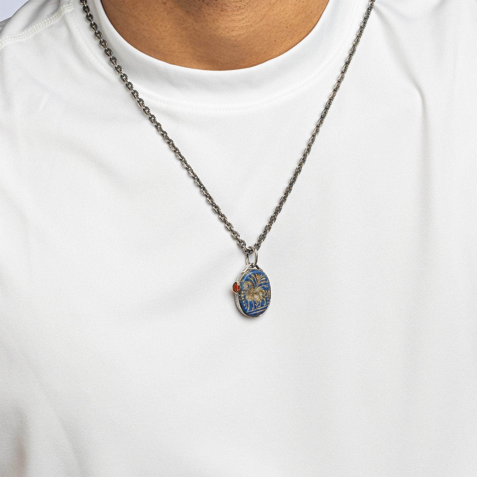 Arion Pendant with Ancient Greek Lapis Lazuli Seal in Oxidized 925 Silver & Orange Sapphire in 9K Gold
