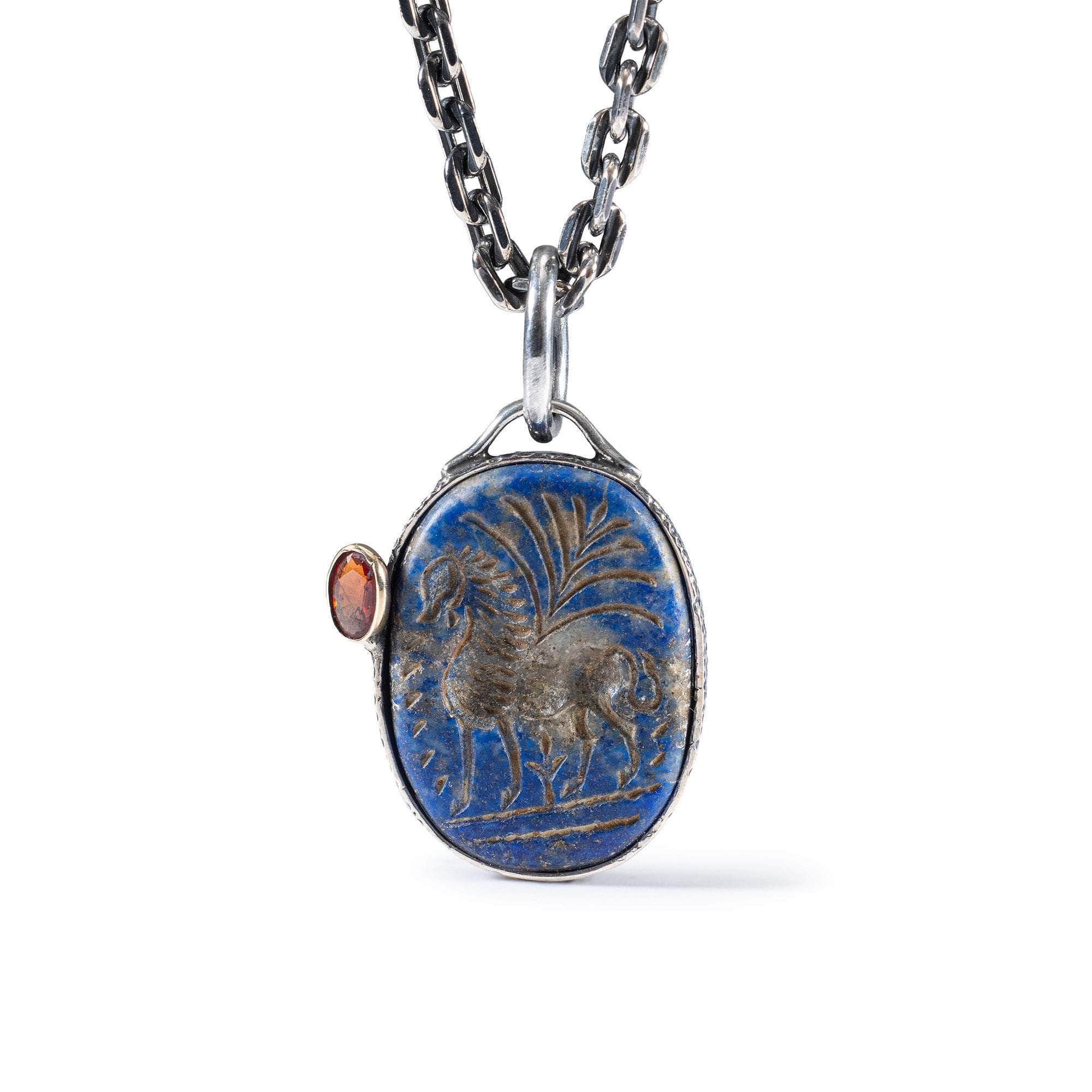 Arion Pendant with Ancient Greek Lapis Lazuli Seal in Oxidized 925 Silver & Orange Sapphire in 9K Gold