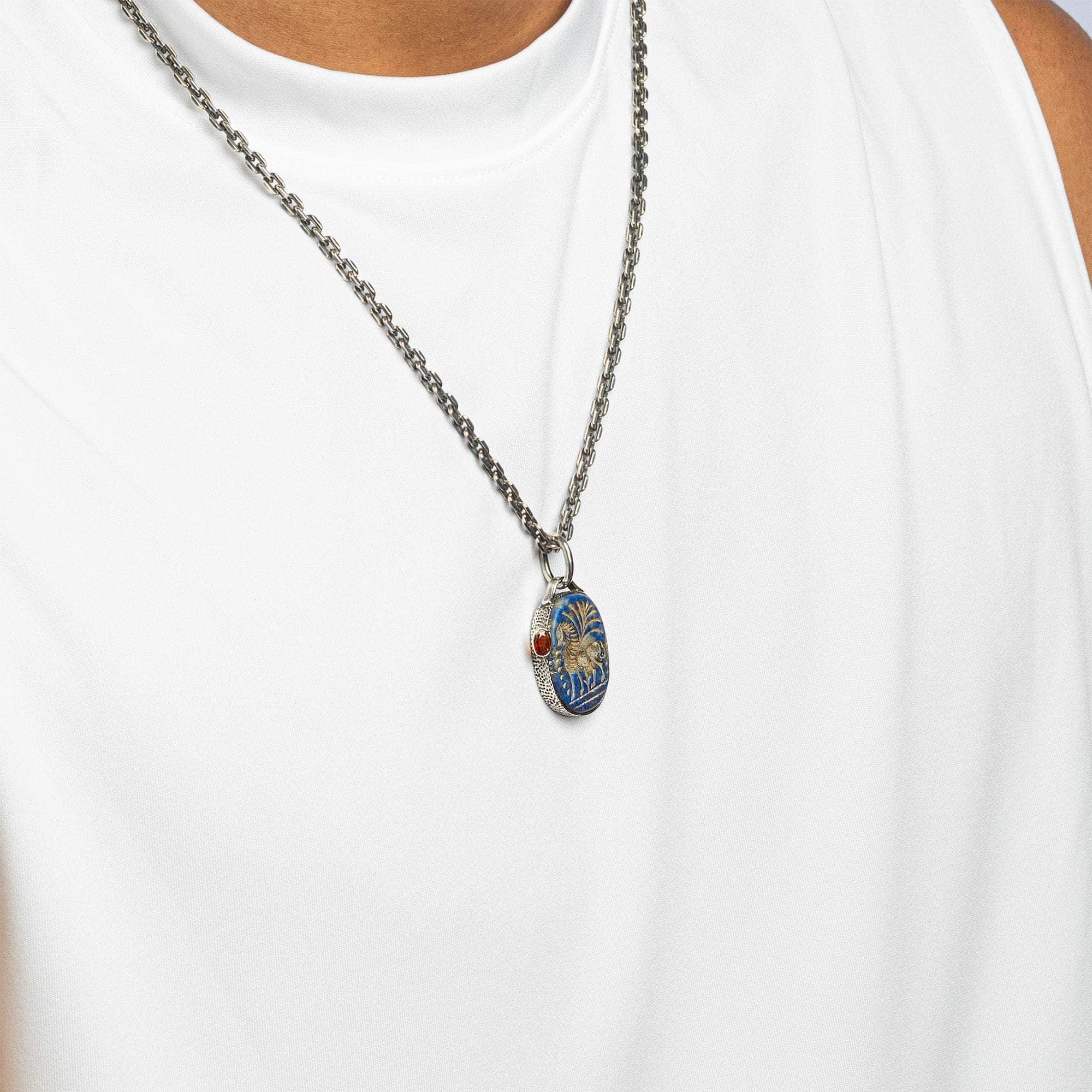 Arion Pendant with Ancient Greek Lapis Lazuli Seal in Oxidized 925 Silver & Orange Sapphire in 9K Gold