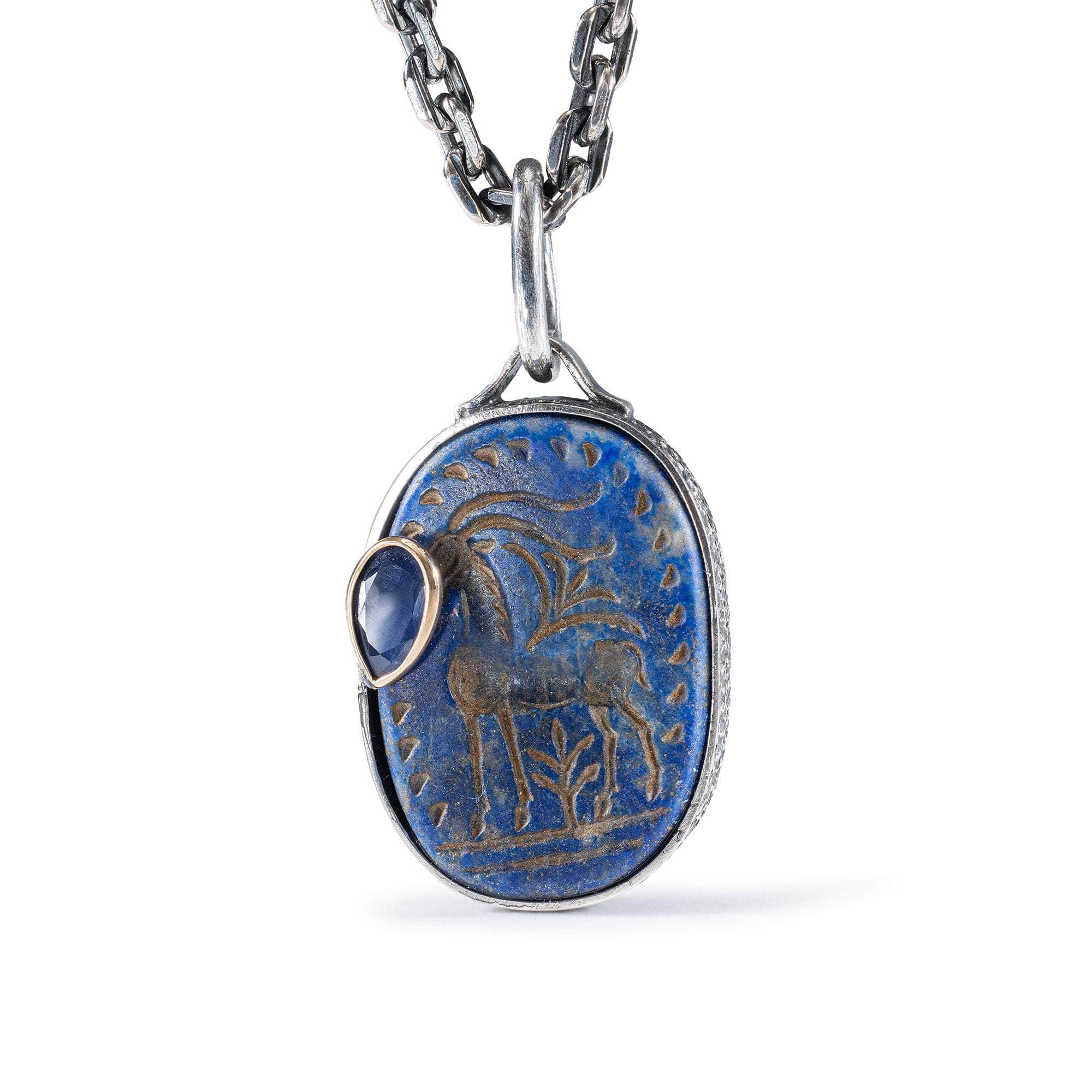 Elaphria Pendant with Authentic Hellenic Lapis Lazuli Seal in Oxidized 925 Silver & Blue Sapphire in 9K Gold