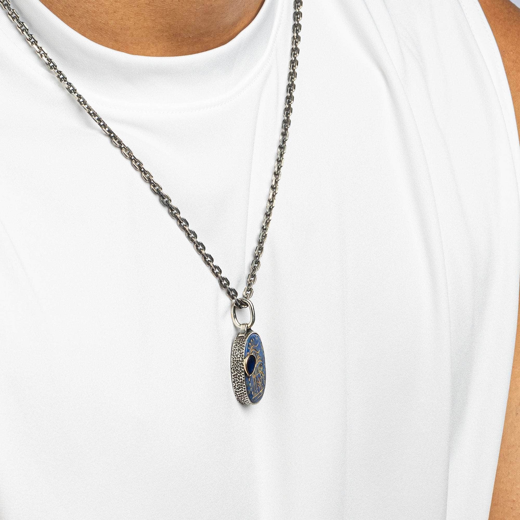 Elaphria Pendant with Authentic Hellenic Lapis Lazuli Seal in Oxidized 925 Silver & Blue Sapphire in 9K Gold