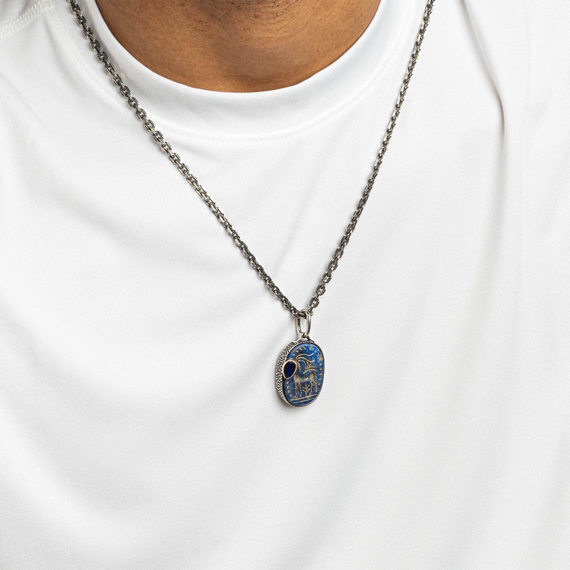 Elaphria Pendant with Authentic Hellenic Lapis Lazuli Seal in Oxidized 925 Silver & Blue Sapphire in 9K Gold