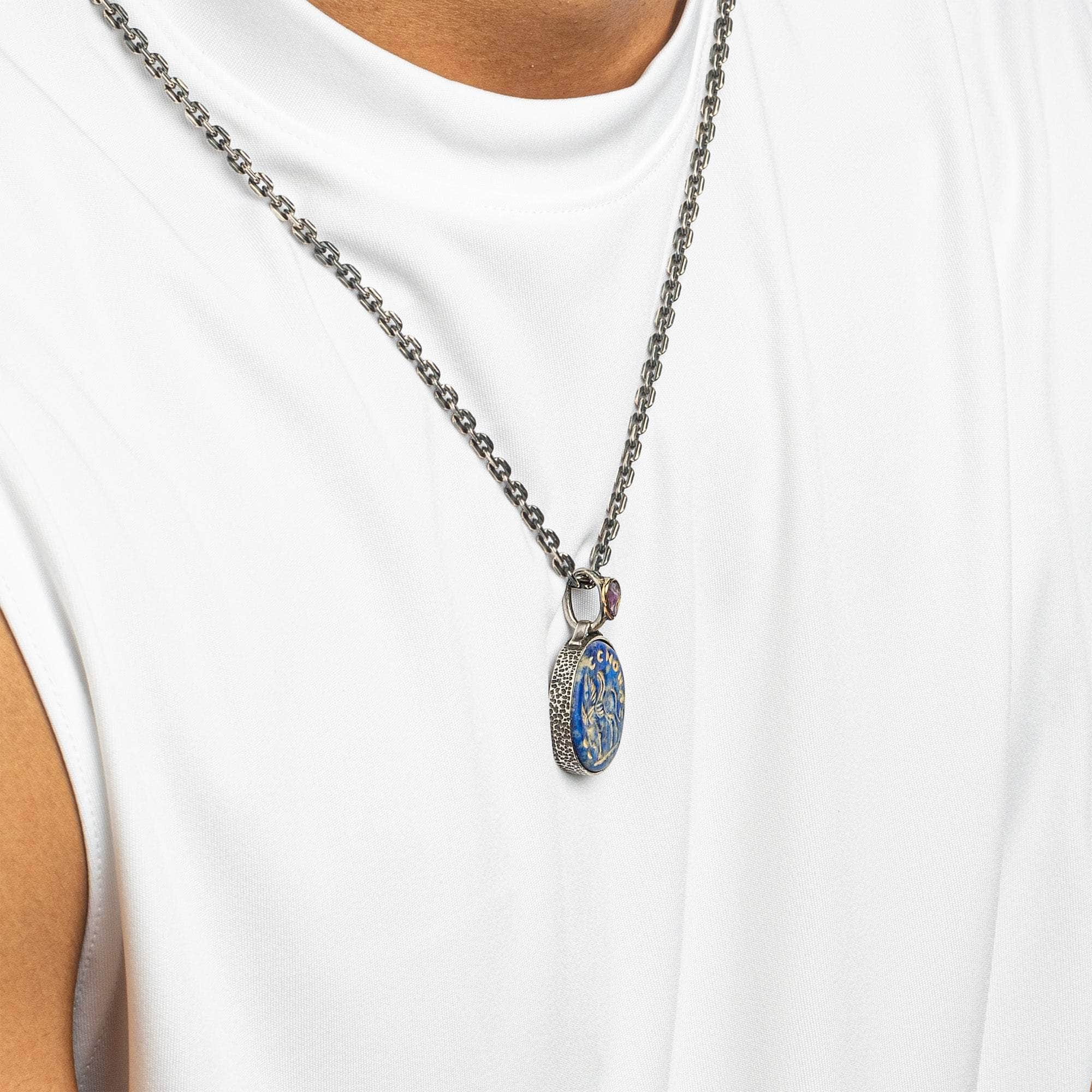 Pegasos Signet Pendant with Authentic Classical Lapis Lazuli Seal in 925 Silver & Rough Pink Sapphire in 9K Gold