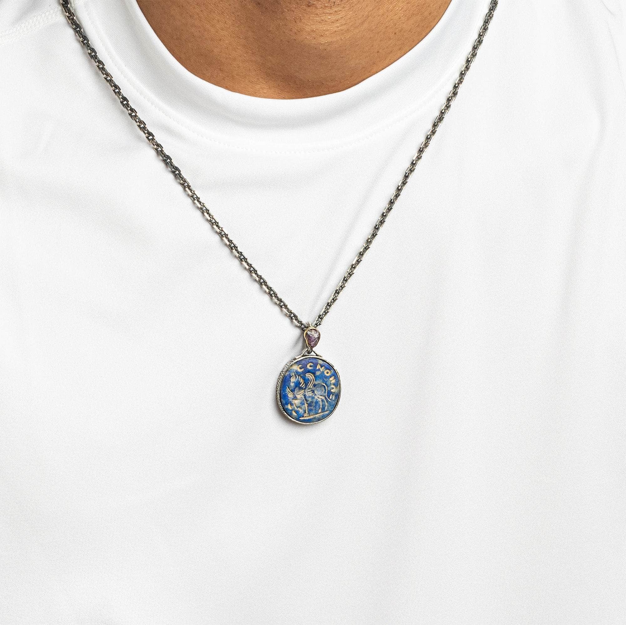 Pegasos Signet Pendant with Authentic Classical Lapis Lazuli Seal in 925 Silver & Rough Pink Sapphire in 9K Gold