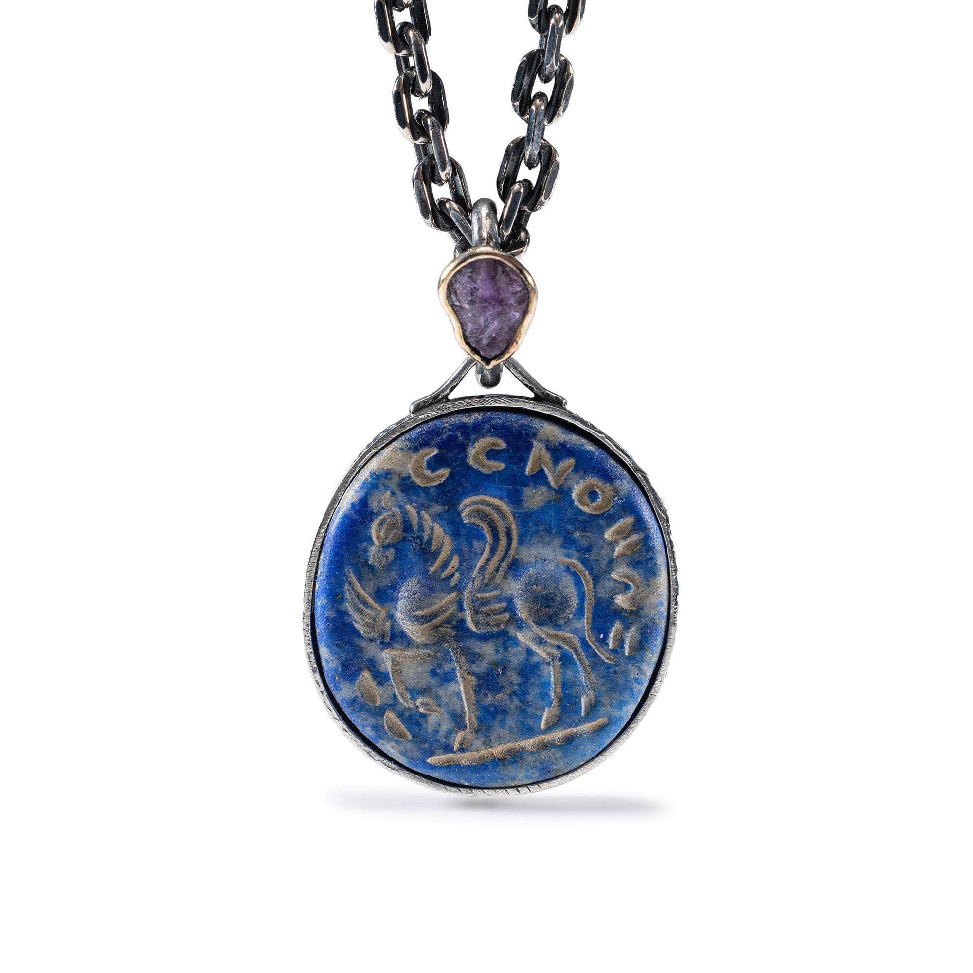 Pegasos Signet Pendant with Authentic Classical Lapis Lazuli Seal in 925 Silver & Rough Pink Sapphire in 9K Gold