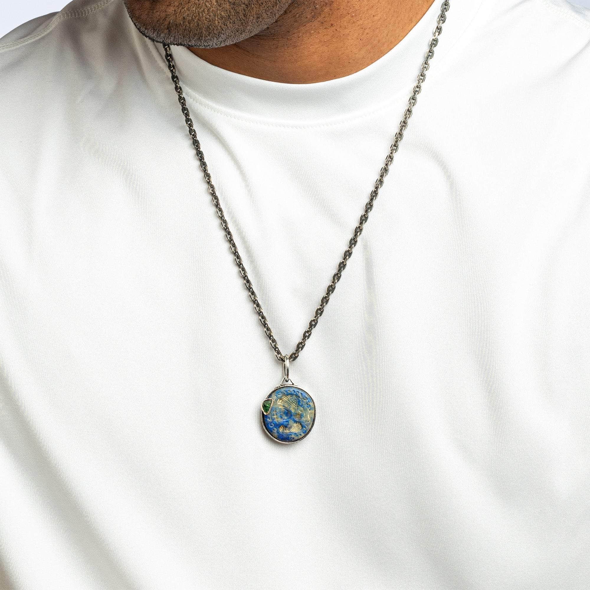 Basileios Pendant with Authentic Hellenistic Lapis Lazuli Seal in 925 Silver & Green Tsavorite Garnet in 9K Gold