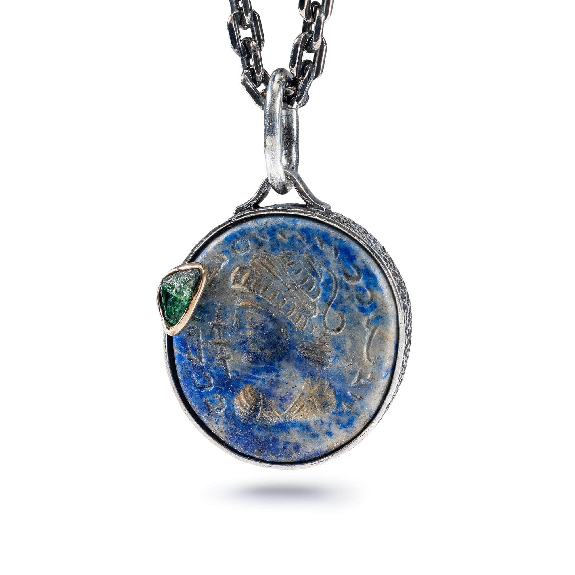 Basileios Pendant with Authentic Hellenistic Lapis Lazuli Seal in 925 Silver & Green Tsavorite Garnet in 9K Gold