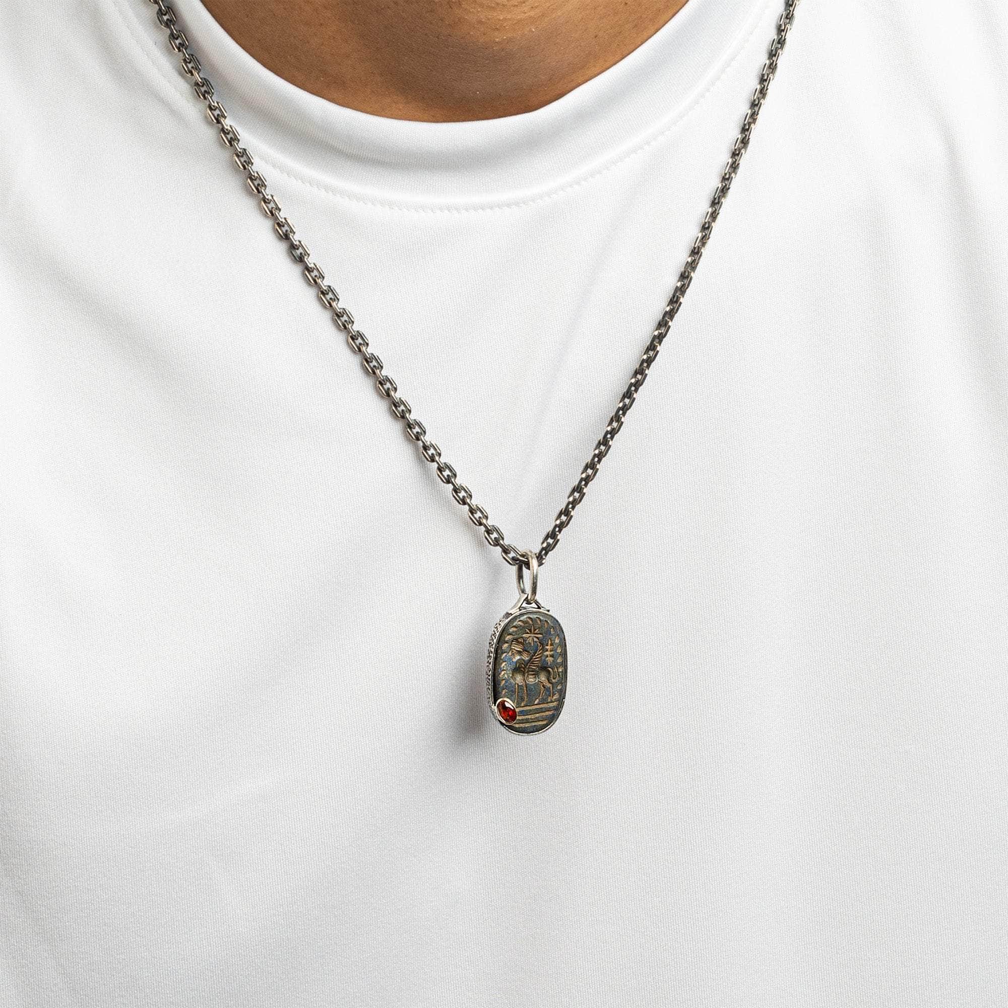 Istakhr Pendant with Authentic Ancient Persian Agate Seal in 925 Silver & Orange Sapphire in 9K Gold