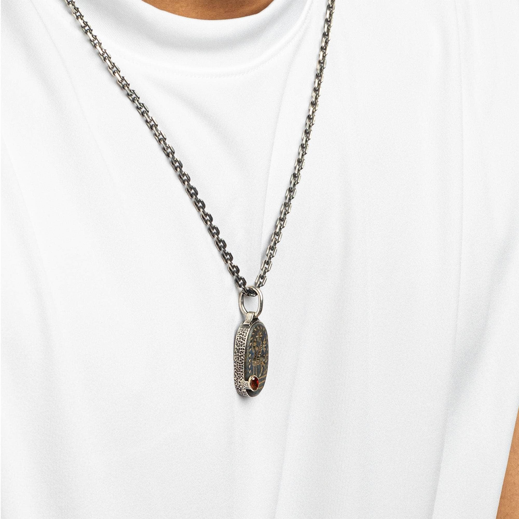 Istakhr Pendant with Authentic Ancient Persian Agate Seal in 925 Silver & Orange Sapphire in 9K Gold