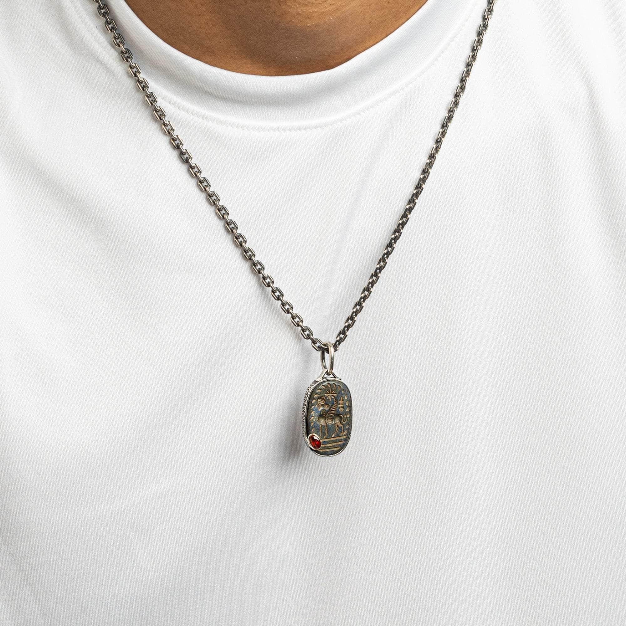 Istakhr Pendant with Authentic Ancient Persian Agate Seal in 925 Silver & Orange Sapphire in 9K Gold