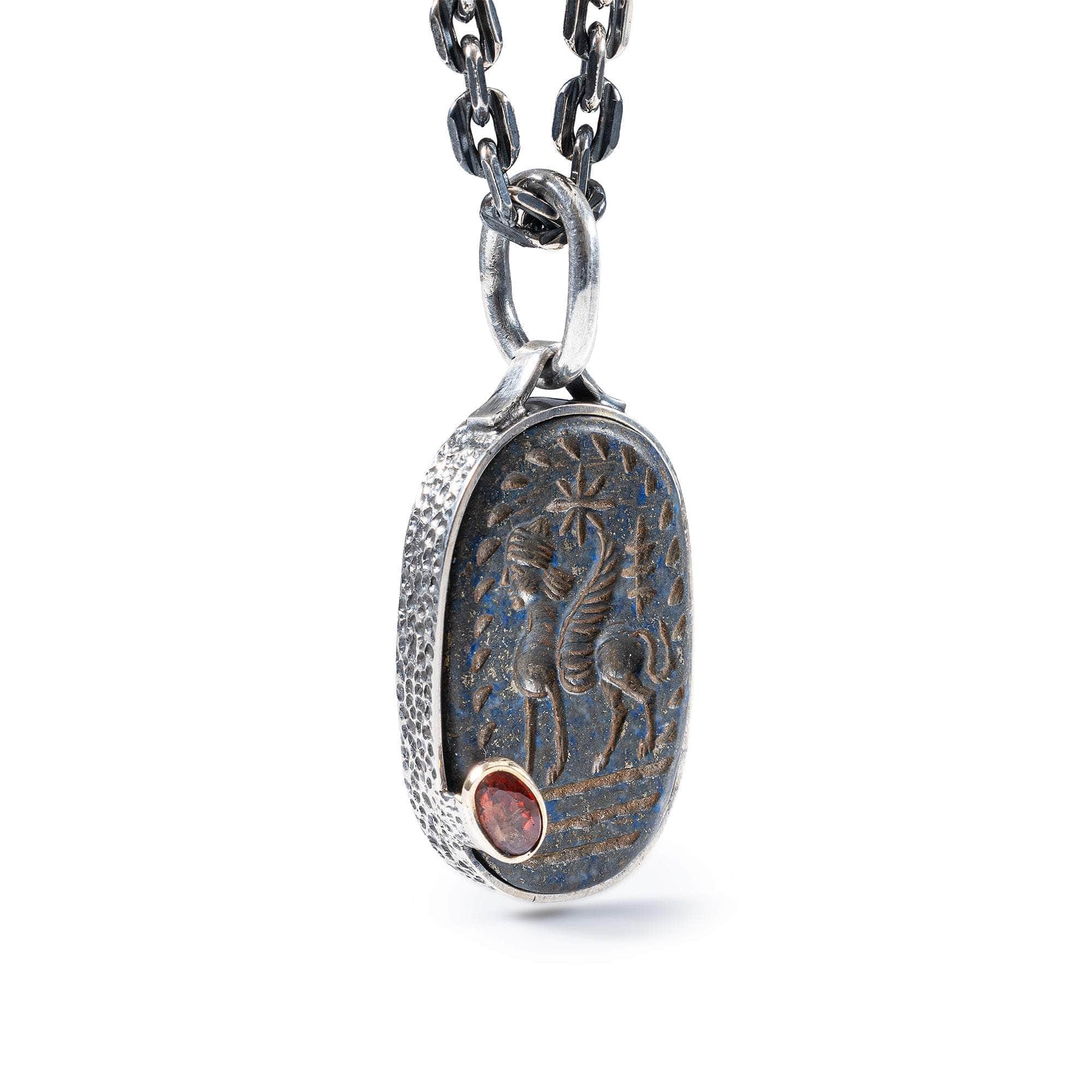Istakhr Pendant with Authentic Ancient Persian Agate Seal in 925 Silver & Orange Sapphire in 9K Gold