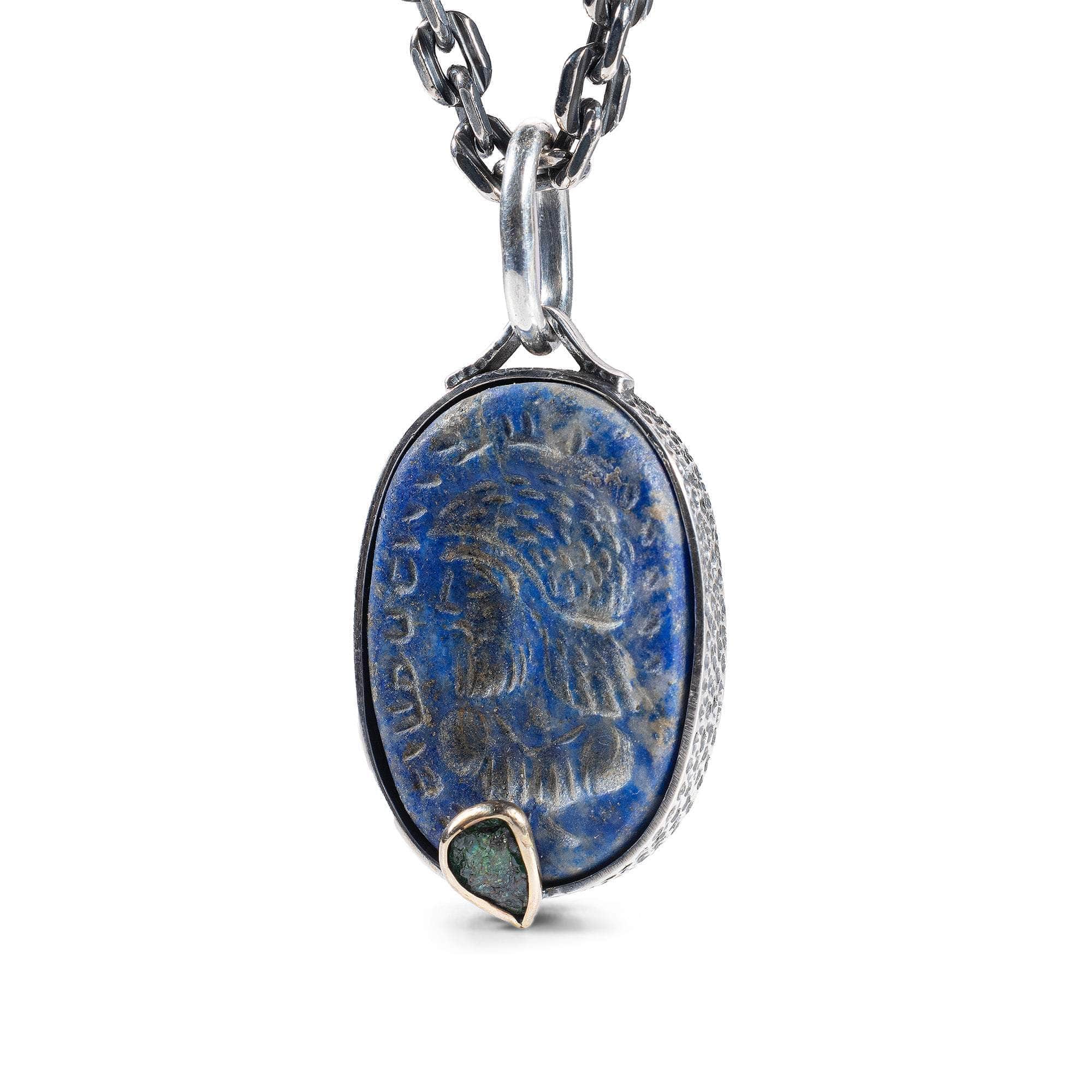 Areios Pendant with Authentic Hellenistic Lapis Lazuli Seal in 925 Silver & Rough Green Tsavorite in 9K Gold