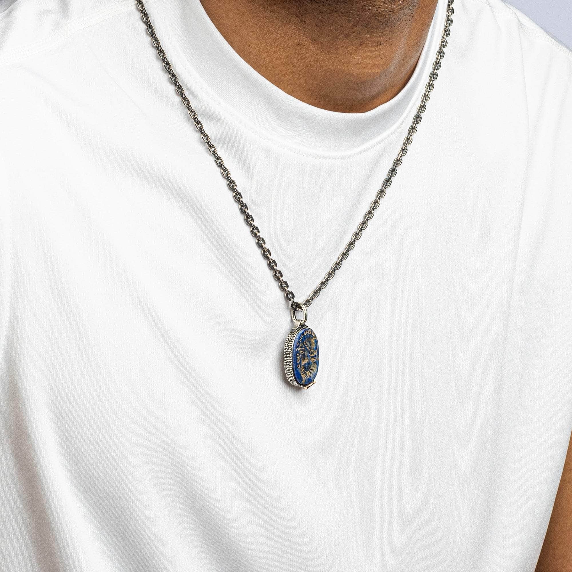 Stratios Pendant with Authentic Hellenistic Lapis Lazuli Seal in 925 Silver & Raw Ruby in 9K Gold