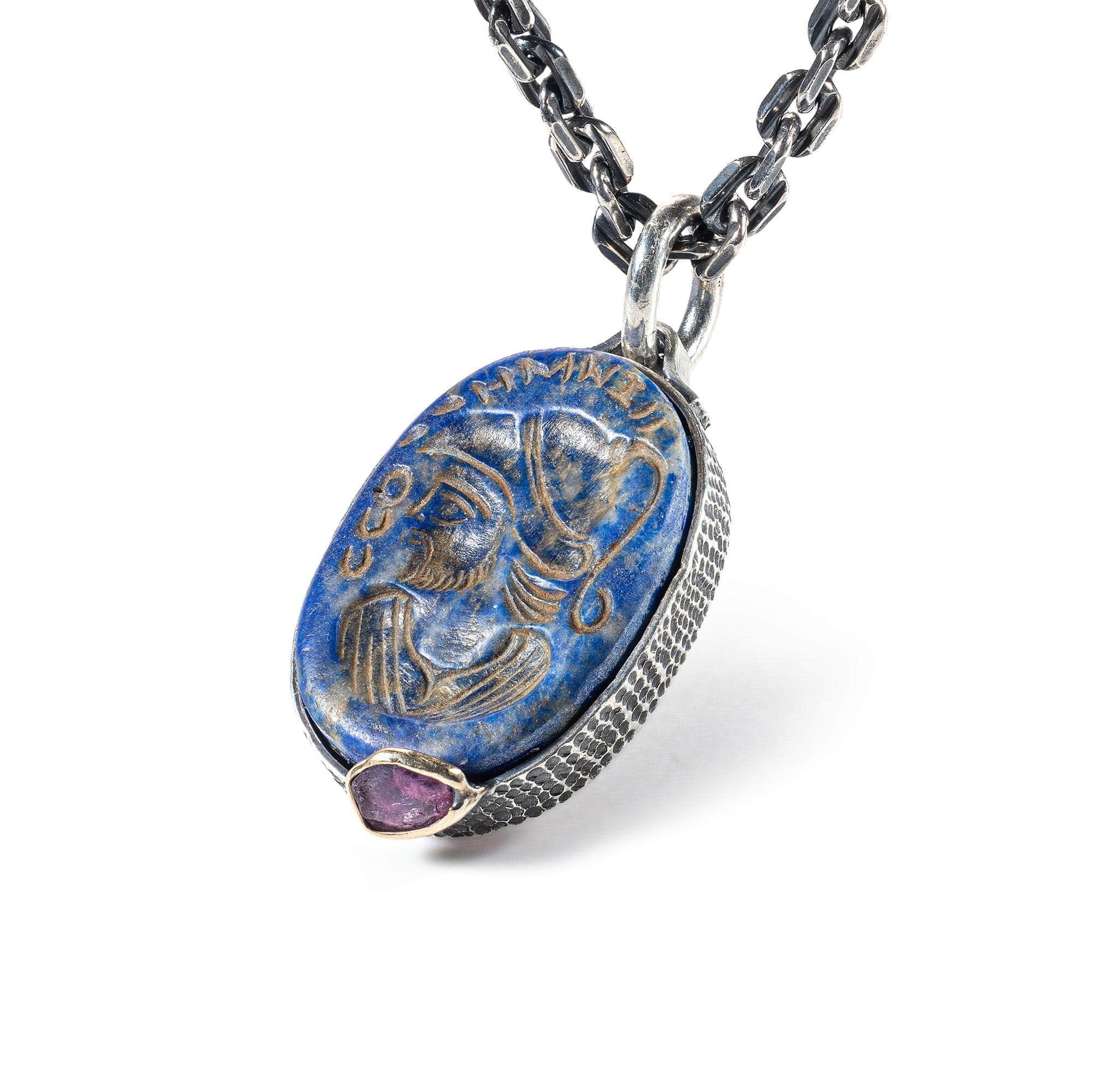 Stratios Pendant with Authentic Hellenistic Lapis Lazuli Seal in 925 Silver & Raw Ruby in 9K Gold