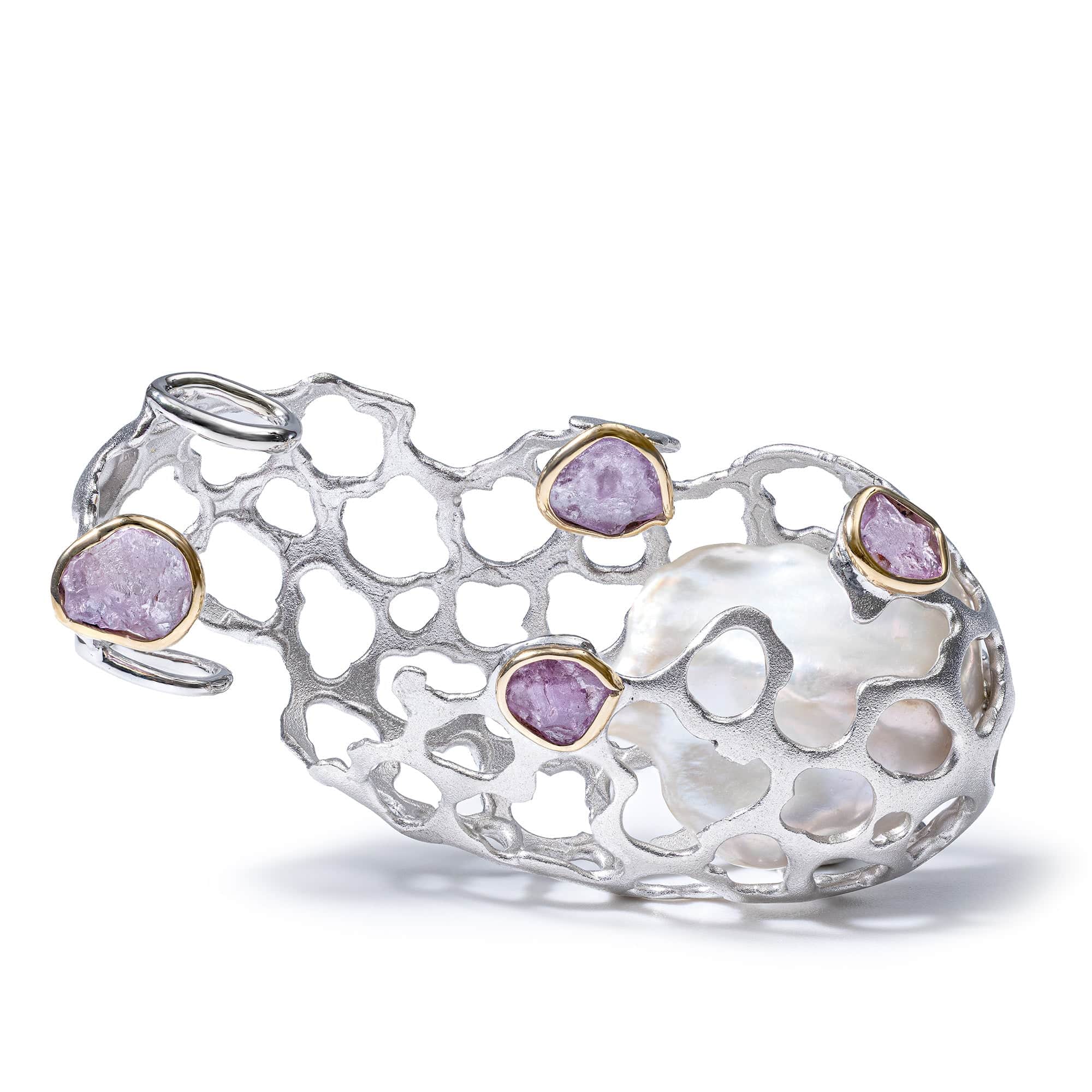 Vayu Singular Edition Pendant in Silver & 9K Gold with Baroque Pearl & Raw Pink Sapphire