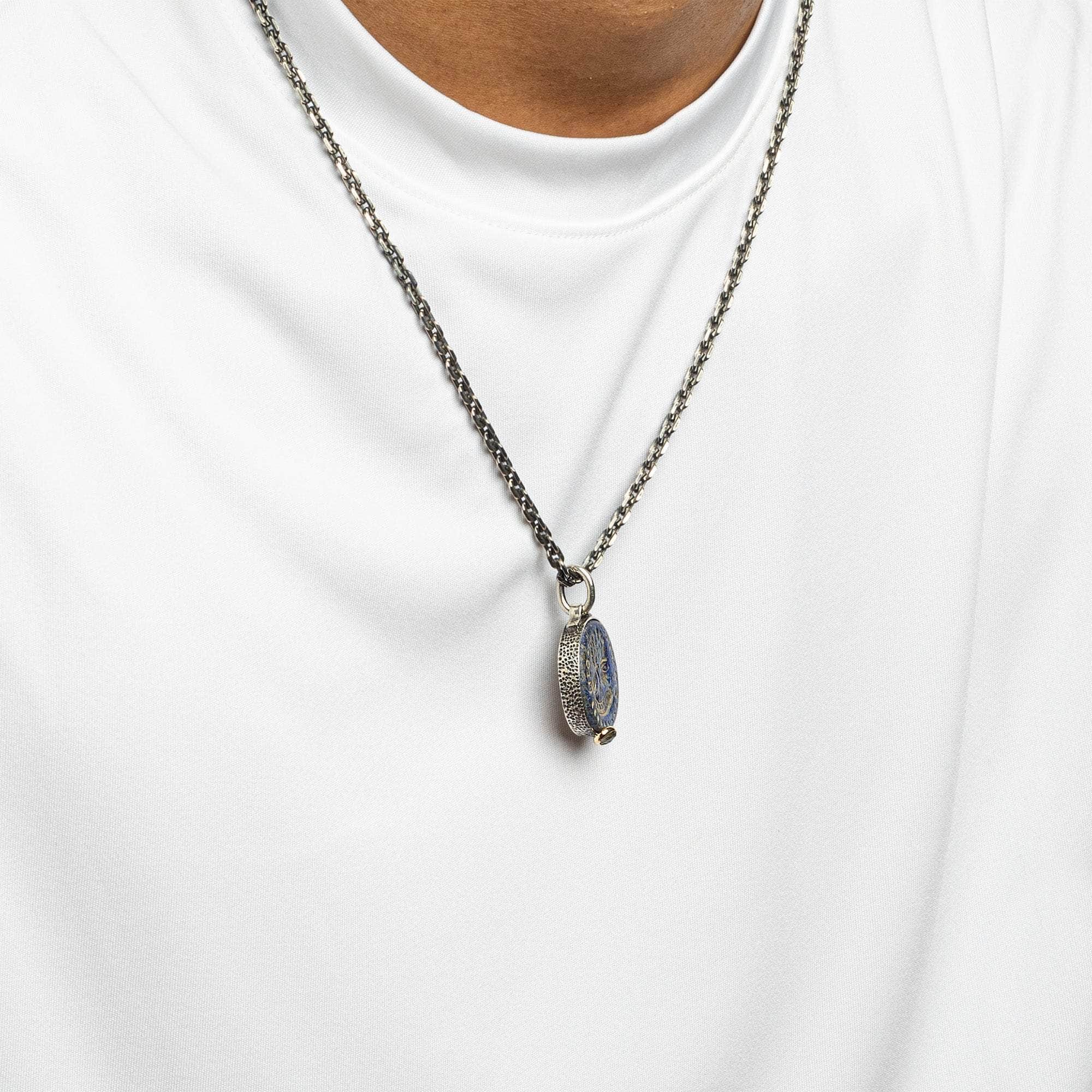 Nikephoros Pendant with Authentic Hellenistic Lapis Lazuli Seal in 925 Silver & Raw Yellow Sapphire in 9K Gold