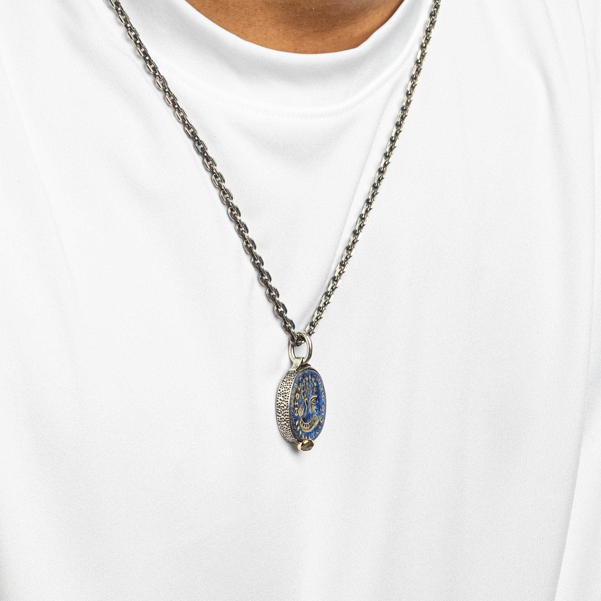 Nikephoros Pendant with Authentic Hellenistic Lapis Lazuli Seal in 925 Silver & Raw Yellow Sapphire in 9K Gold