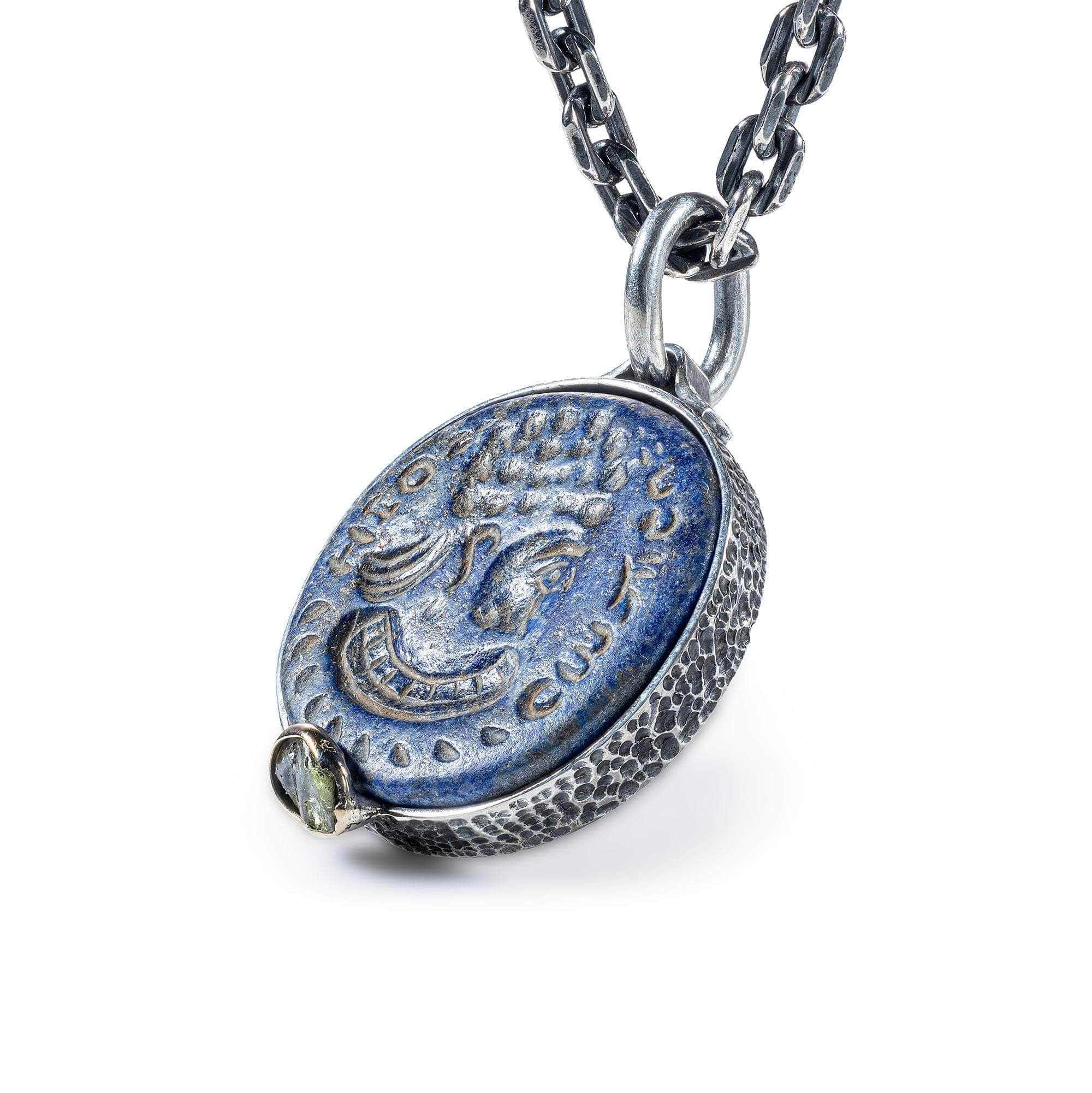 Nikephoros Pendant with Authentic Hellenistic Lapis Lazuli Seal in 925 Silver & Raw Yellow Sapphire in 9K Gold