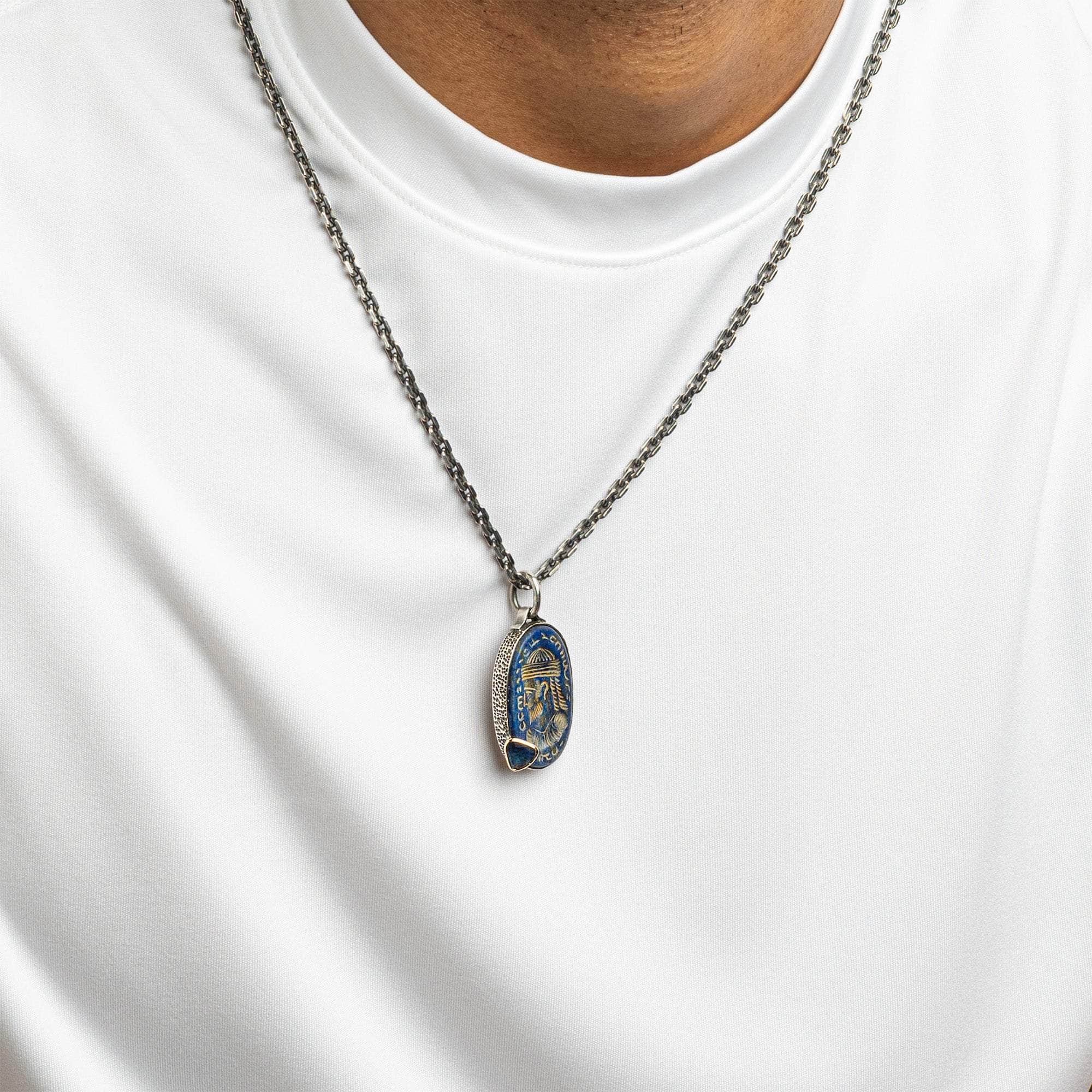 Kyros Singular Pendant with Authentic Lapis Lazuli Seal in 925 Silver & Blue Sapphire in 9K Gold