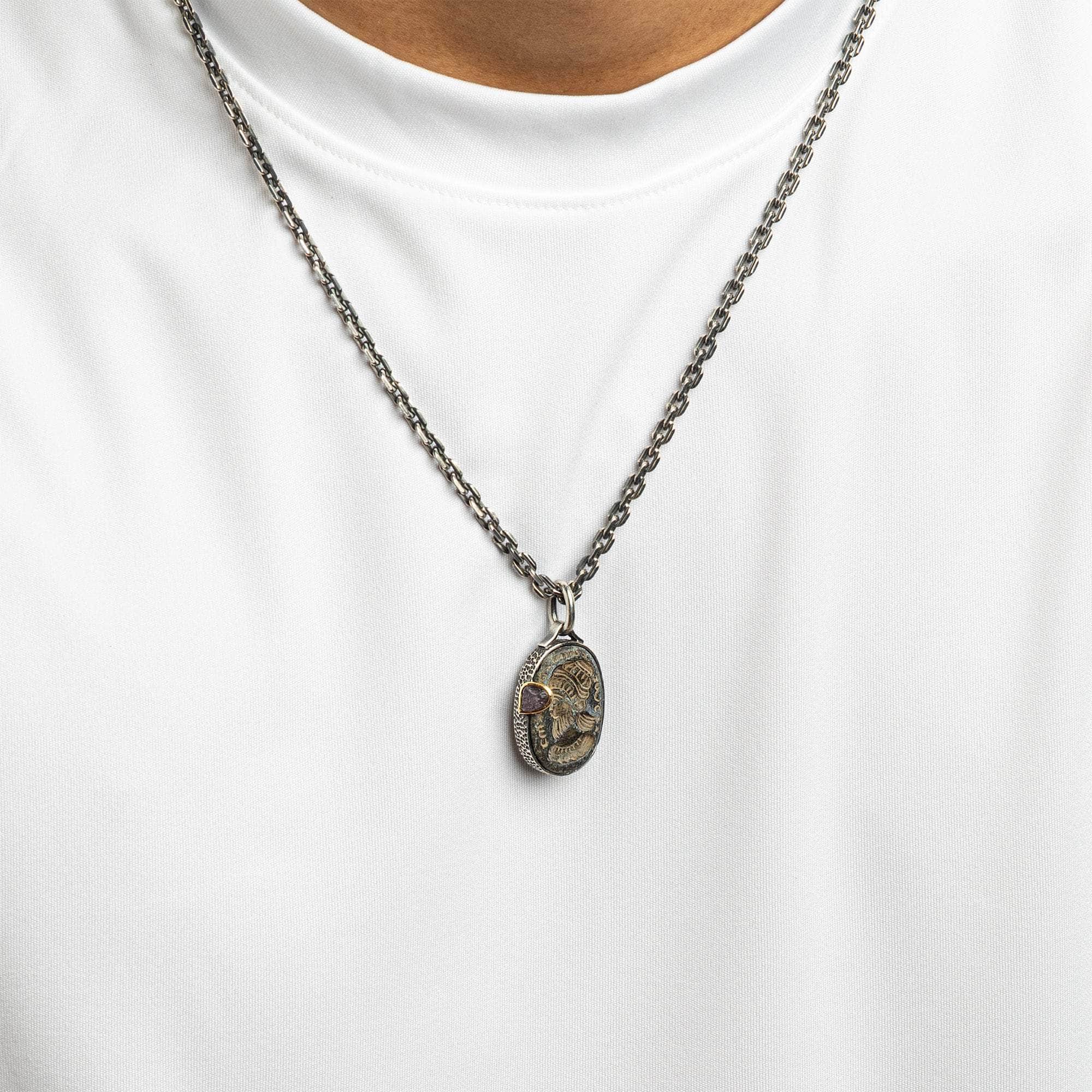 Narseh Pendant with Authentic Ancient Near Eastern Agate Seal in 925 Silver & Raw Pink Sapphire in 9K Gold